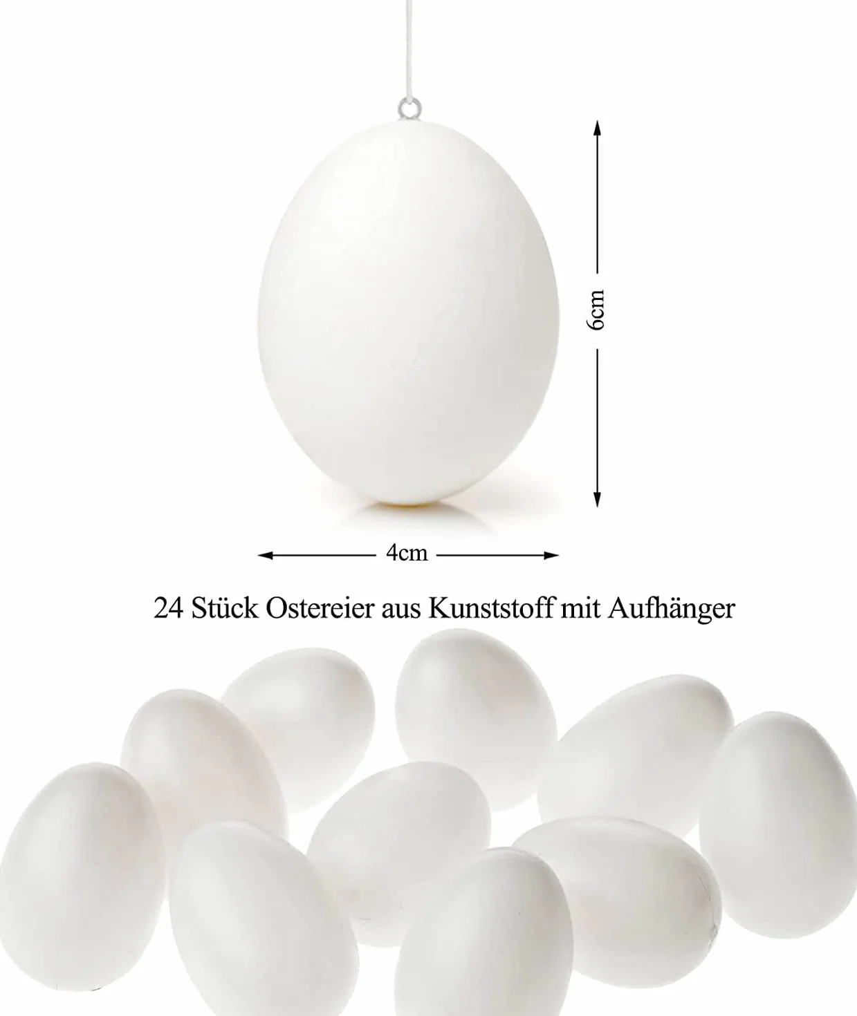 O-Kinee Oeufs de Pâques Décoration, 24x Oeufs en Plastique Suspendus avec Corde, Blanc, 6 cm