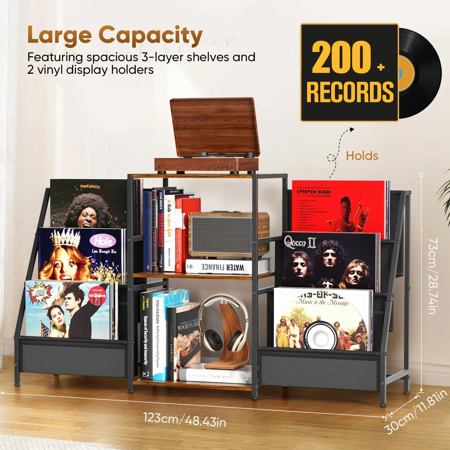 Support de platine vinyle à 3 niveaux pour ranger des disques en vinyle jusqu'à 200 albums, 123 x 30 x 73 cm, support d'affichage et de rangement dans le salon, chambre à coucher