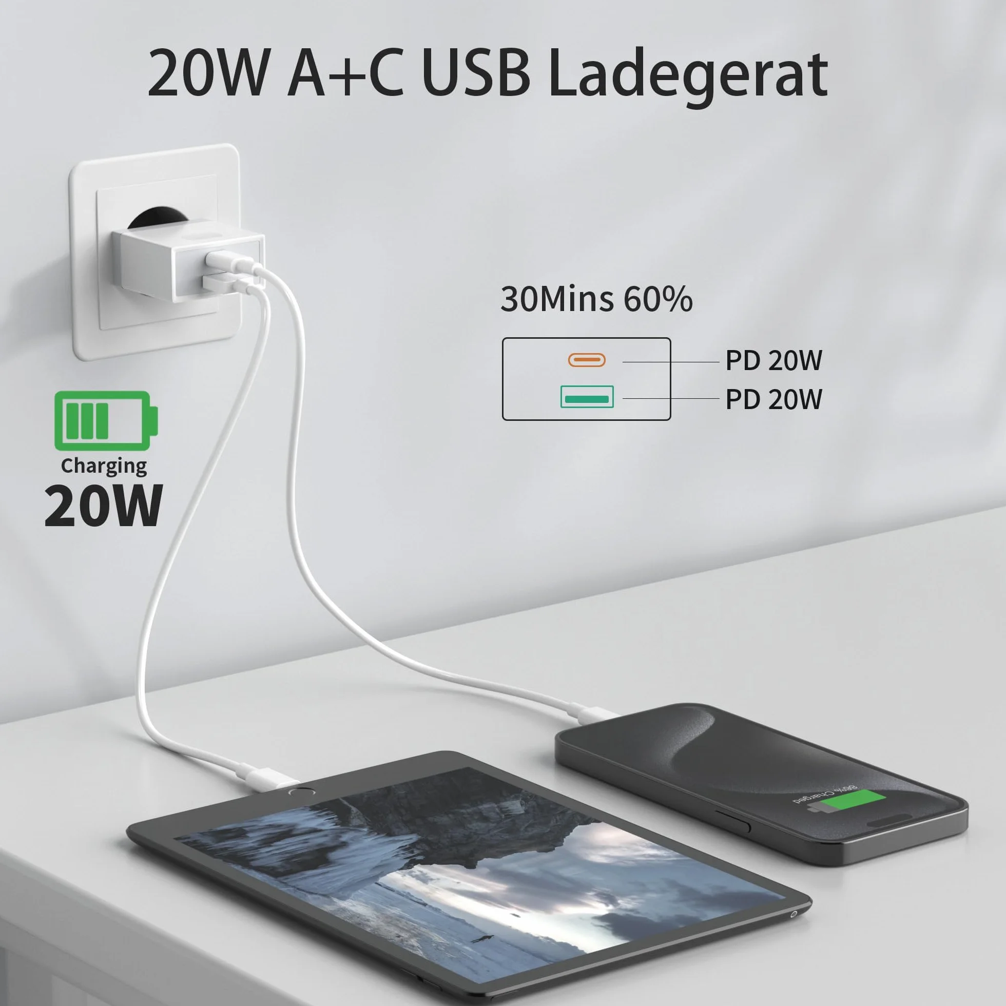Chargeur USB C 20W Rapide pour iPhone 16 15 14 13 12 11 Pro Max SE, Galaxy, Pad, Adaptateur Secteur Type C Double Bloc Mural