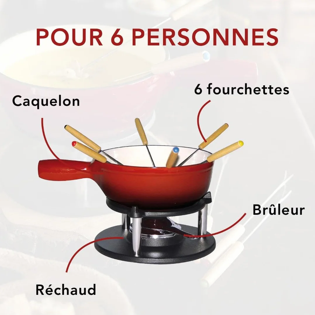 Baumalu, Service à Fondue Savoyarde en Fonte Émaillée Rouge, 20 cm, pour 6 personnes, comprenant 1 réchaud, 1 brûleur, 1 caquelon et 6 fourchettes