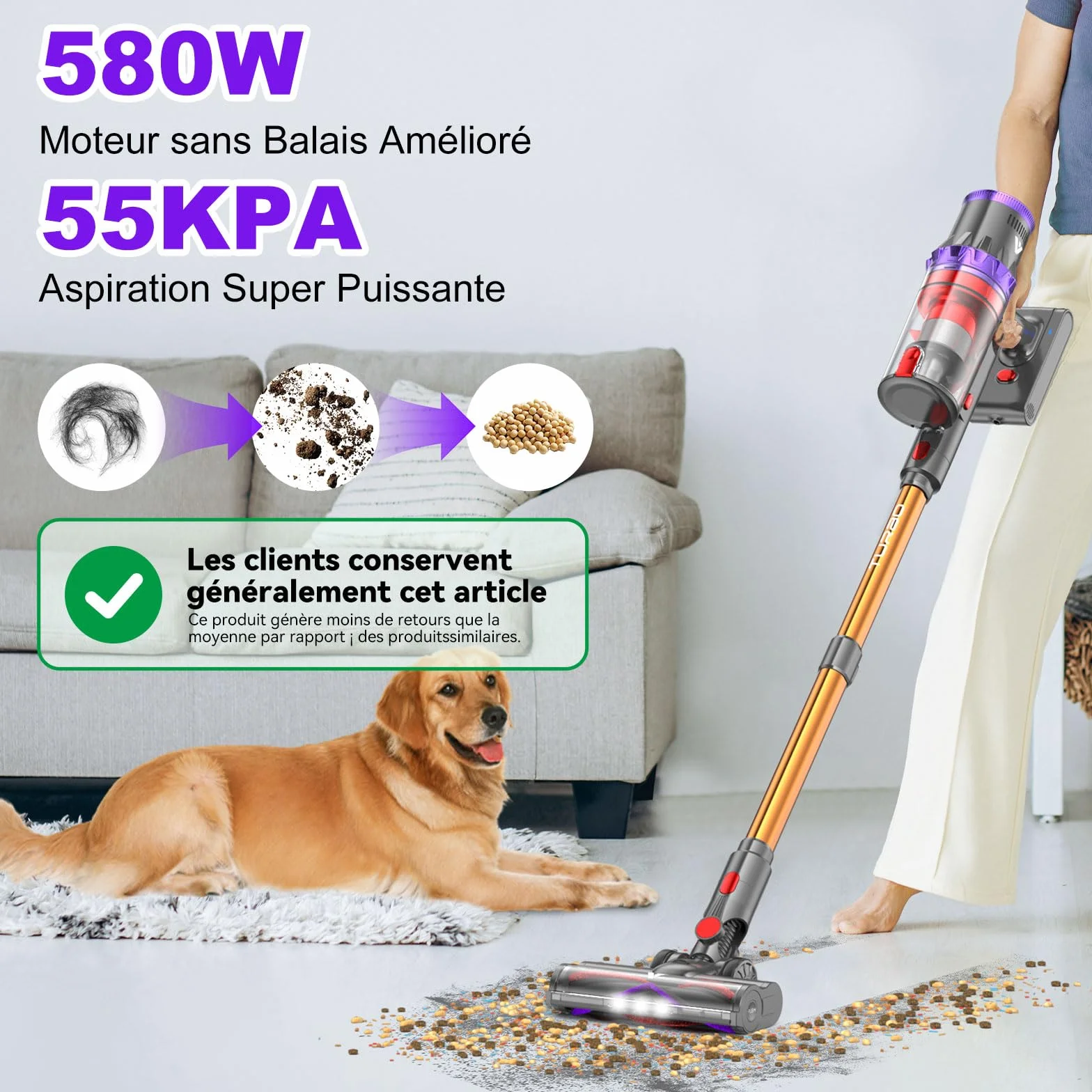 coovy SU7 Aspirateur Balai sans Fil 580W/55Kpa/75Mins, Aspirateur Puissant, Détection Poussière, Écrans Tactiles LED, Brosse Anti-Emmêlement Vacuum Cleaner pour Sols Durs Tapis Voiture