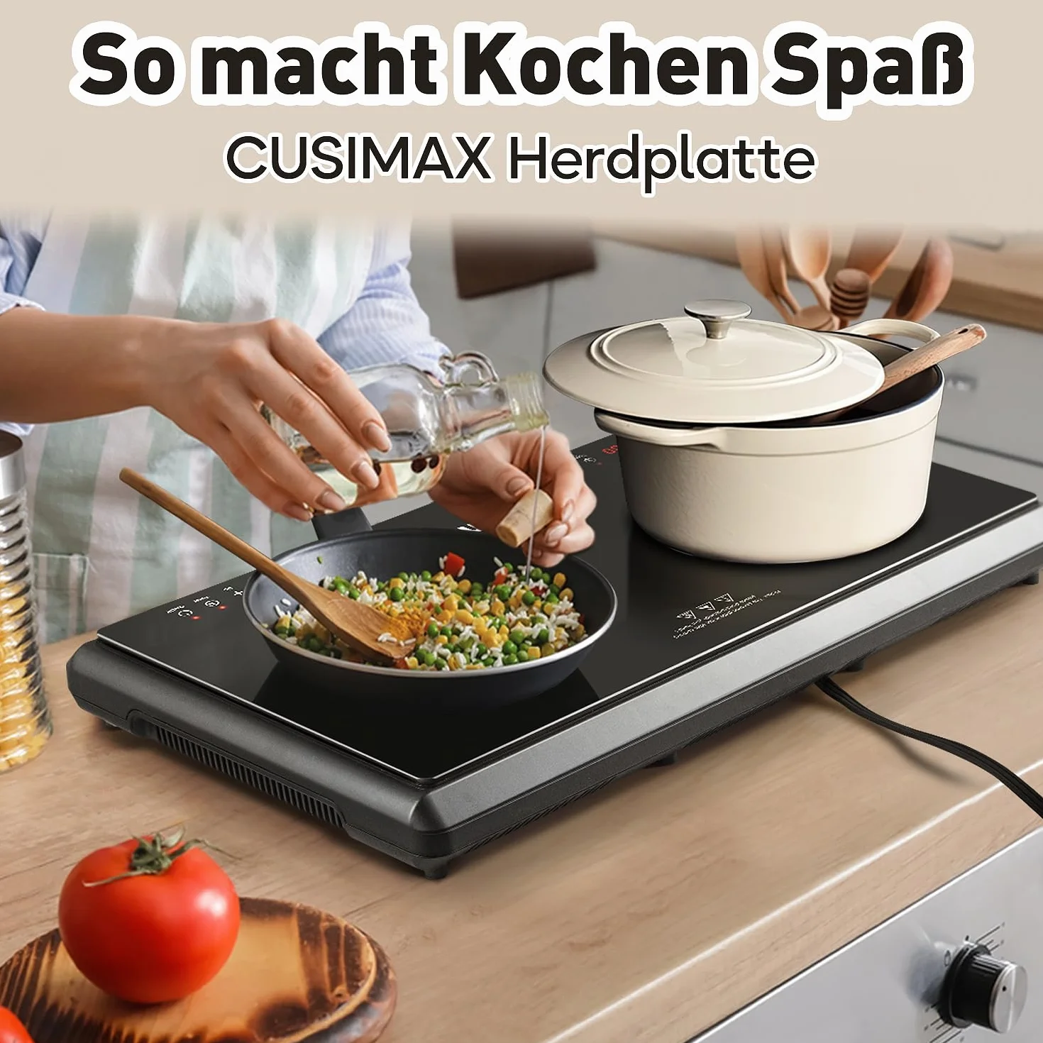 CUSIMAX Plaque de cuisson infrarouge 3500 W en acier inoxydable, 2 plaques électriques avec écran LED, minuterie, contrôle tactile, protection enfant, noir