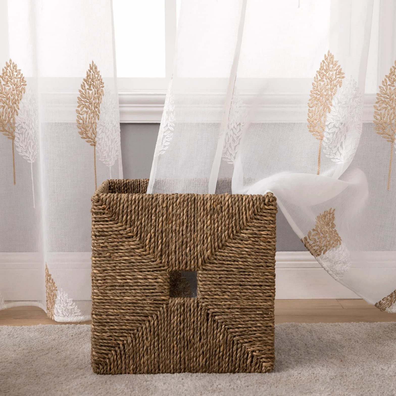 MIULEE Rideaux Voilage avec Beau Motif de Feuilles Brun et Blanc, Intérieurs Rideau Voile Brodé a Oeillets Largeur 140 CM Hauteur 225, Transparent Voilage Fenetre Design Moderne pour Chambre Salon