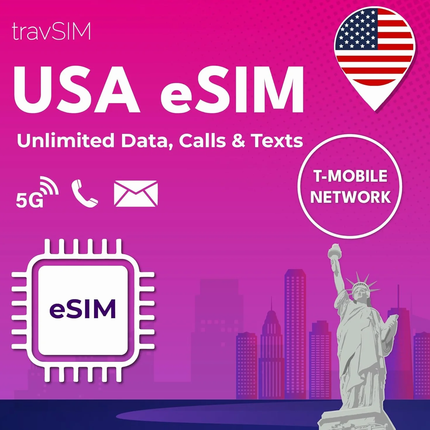 travSIM USA eSIM | Sieć T-Mobile | Nieograniczone dane, połączenia i wiadomości tekstowe w USA | eSIM Ameryka działa na urządzeniach zgodnych z eSIM obsługujących systemy iOS i Android | Karta eSIM
