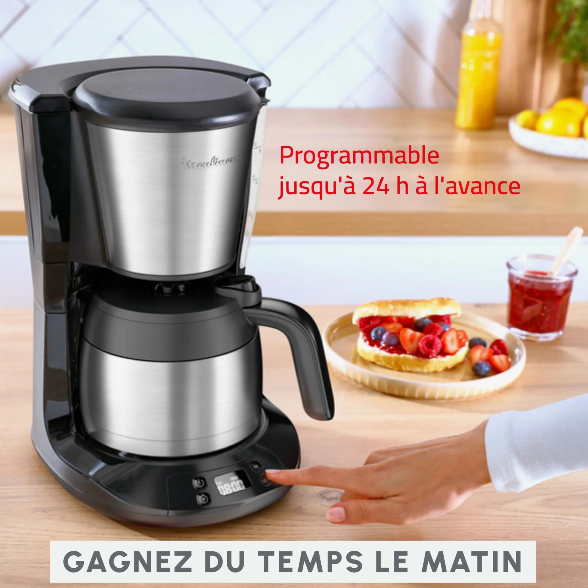 Moulinex Subito, Cafetière filtre programmable avec verseuse isotherme, Capacité de 0,9 L, 12 tasses, Noir et Inox, FT5S2DE0