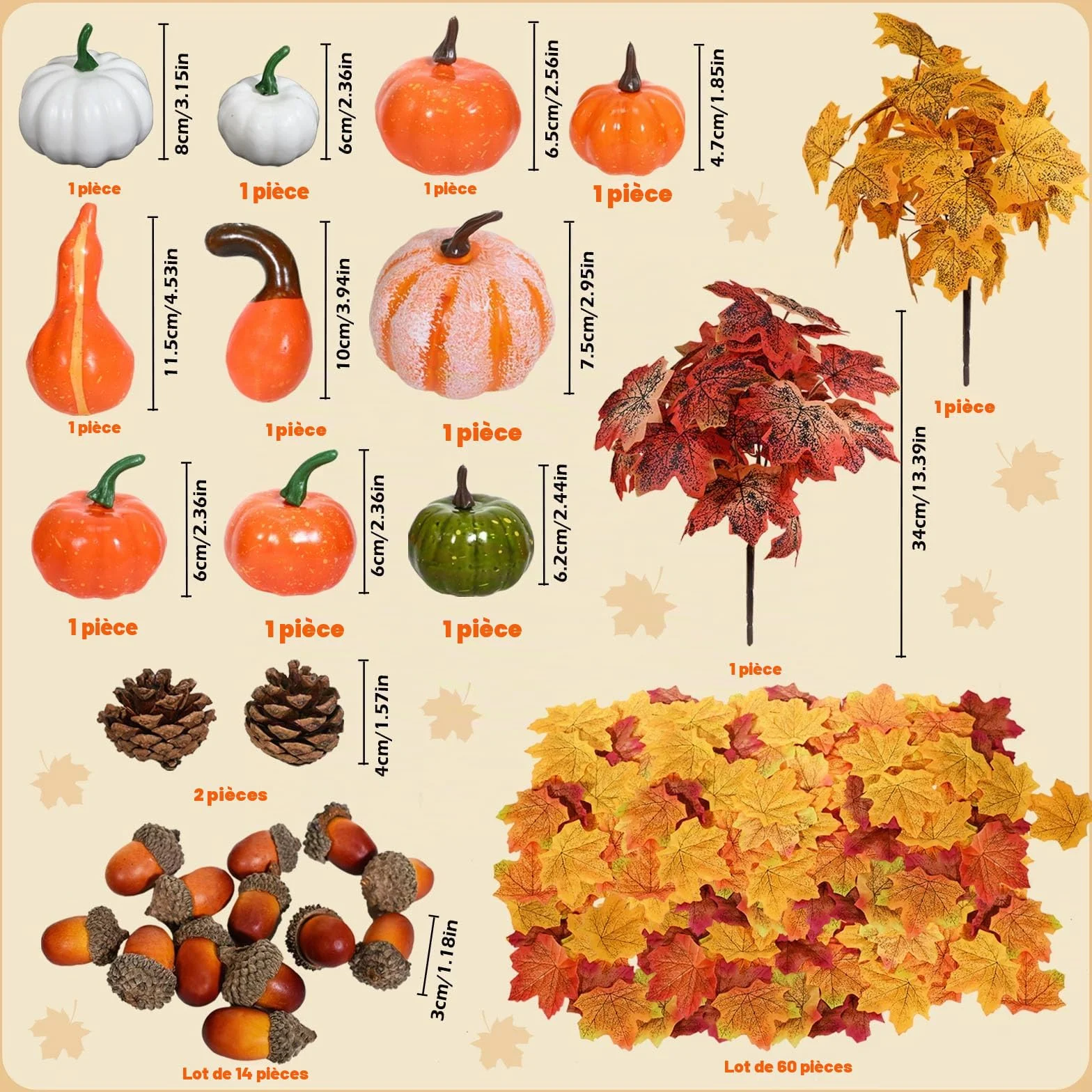 Lot de Mini Citrouille Deco Automne, Feuilles d'Érable, Pommes de Pin, Glands, Fausse Feuille pour Halloween Thanksgiving