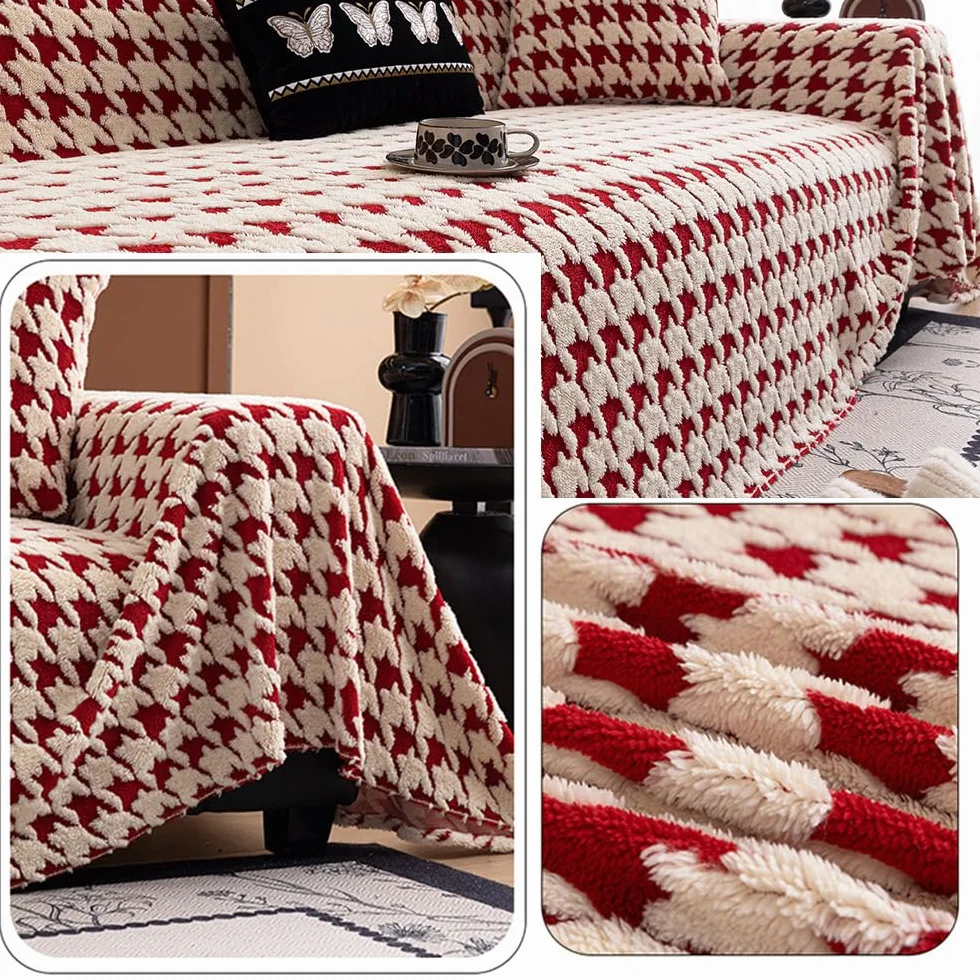 Highdi Housse de Canapé Anti-poussière Protège Chat Chien Anti Griffe Plush Houndstooth Lavable Couverture 180x230cm Rouge