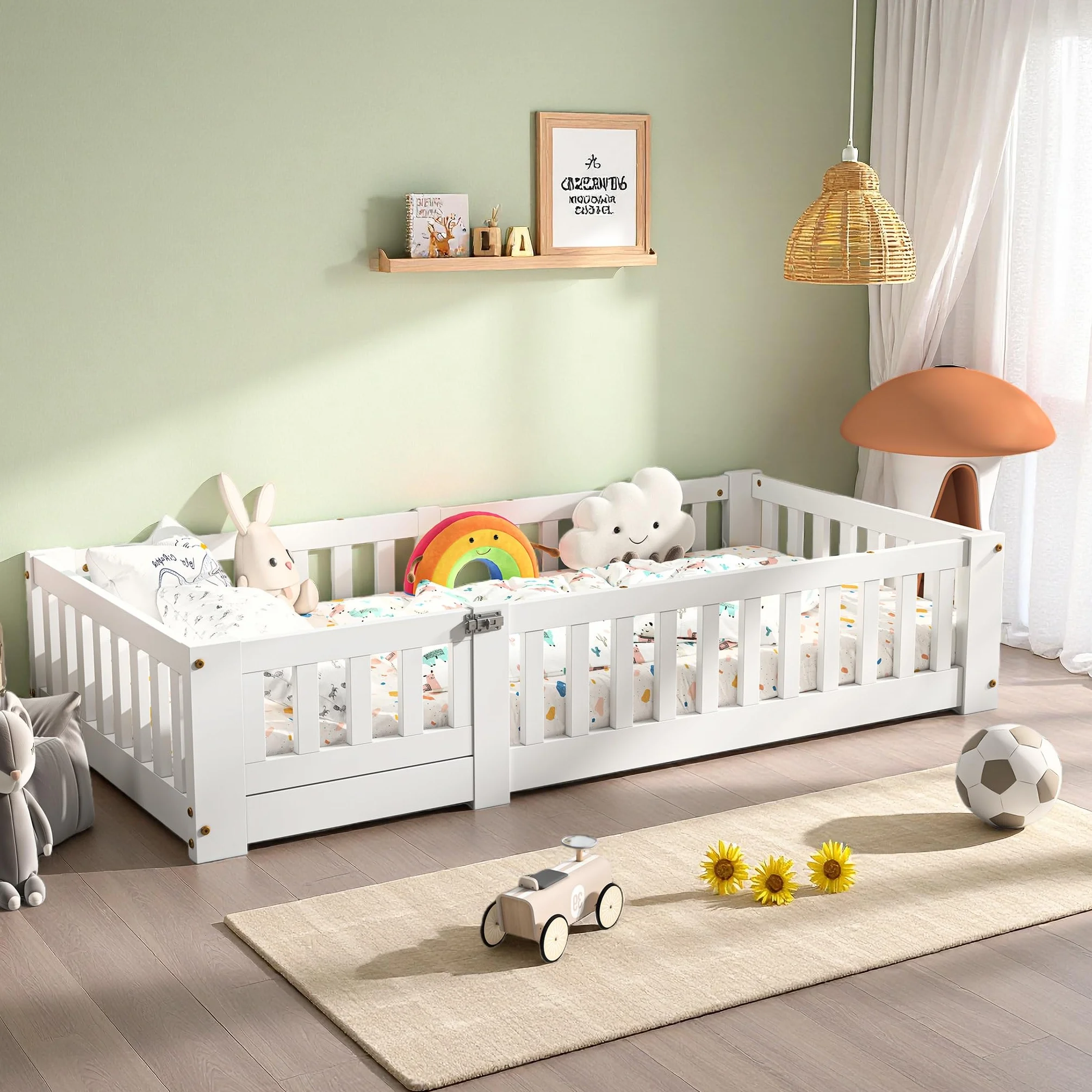 Lit Enfant Montessori au Sol 90x190 cm, Cadre de Lit en Bois de Pin Blanc avec Barrières de Sécurité, Sommier à Lattes pour Garçons et Filles (Matelas Non Inclus)