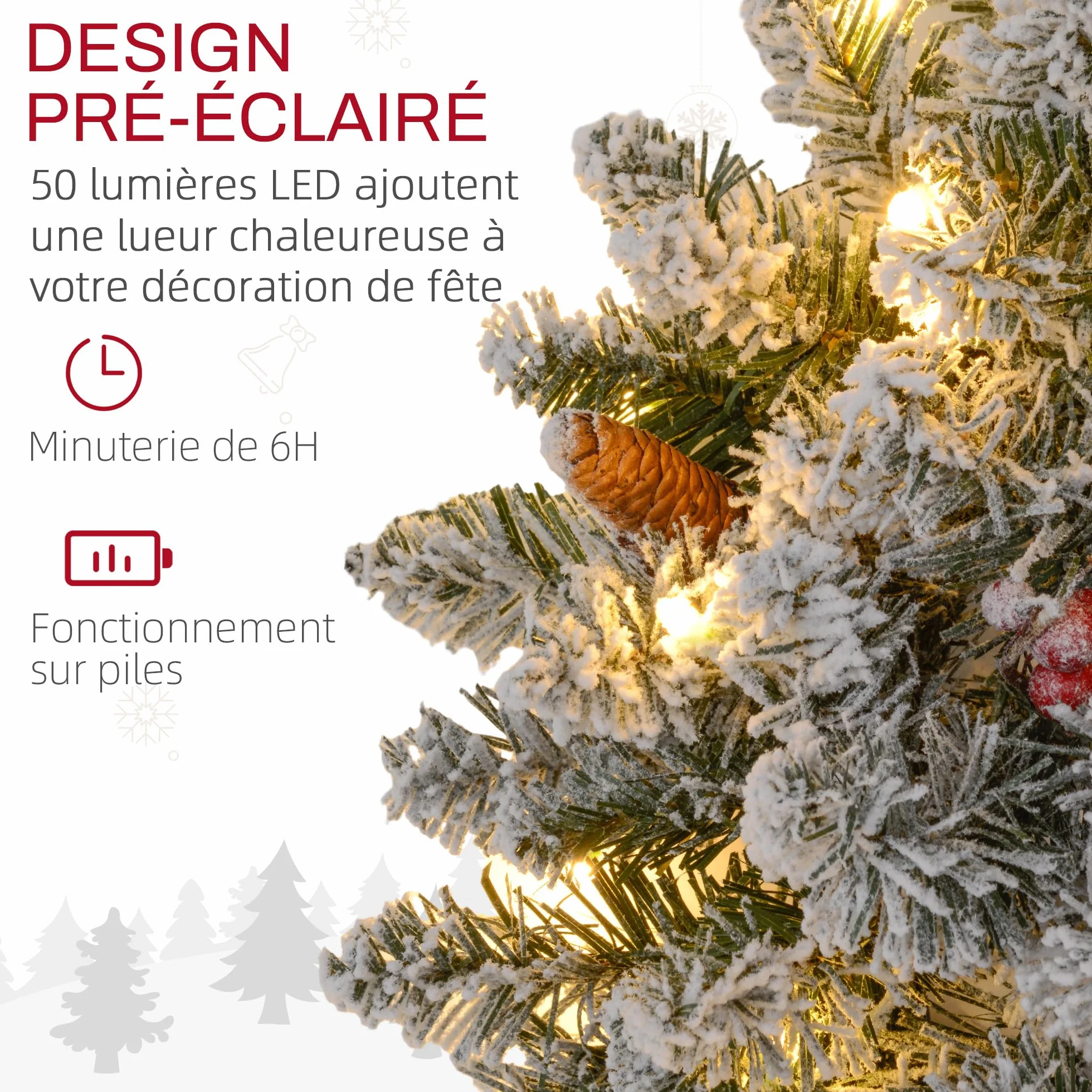 HOMCOM Couronne de Noël Porte givrée Artificielle 60 CM décoration de Noël Lumineuse avec Pommes de pin et Baies Rouges, lumières LED et minuterie, pour Porte, fenêtre ou cheminée, Vert