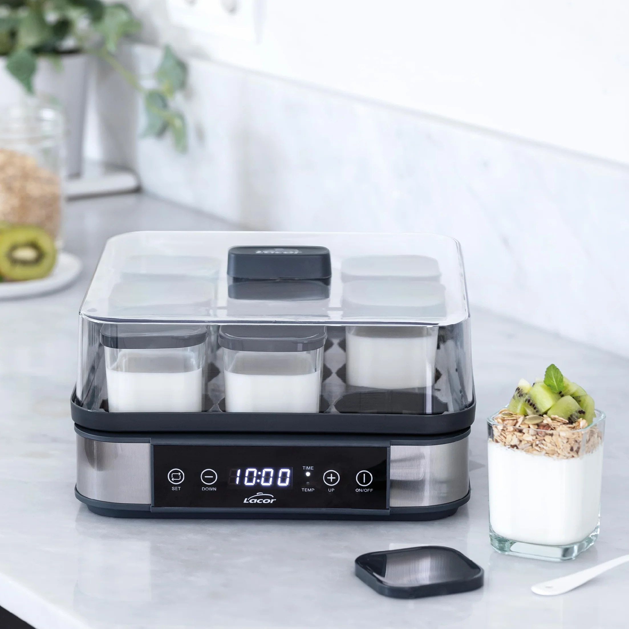 Lacor - 69439 - Yaourtière en Verre Deva, 9 Bocaux en Verre Inclus, Température Réglable, Minuterie, Arrêt Automatique, Livre de Recettes Inclus, 100% sans BPA, 170ml x 9