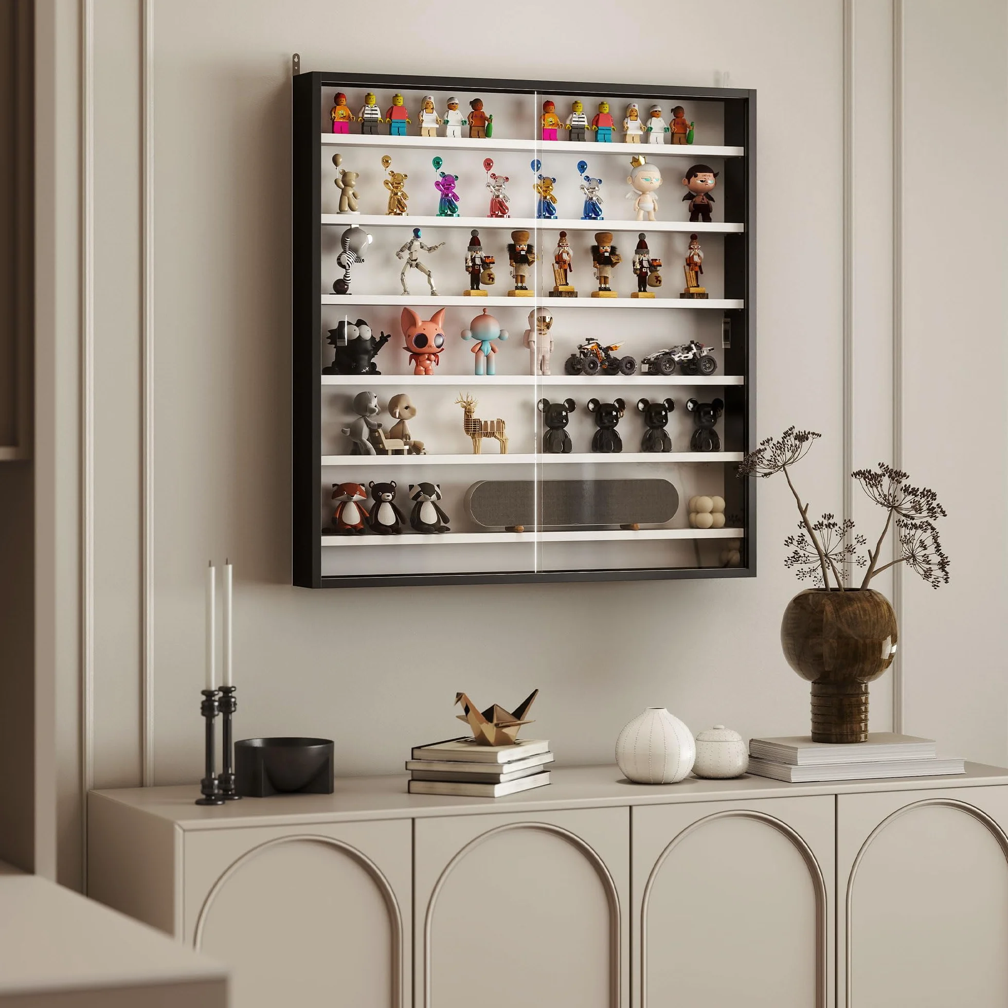 HOMCOM Vitrine pour Collection vitrine Murale 80 x 9,5 x 83 cm avec 6 étagères réglables en Hauteur et 2 Portes coulissantes en Verre, pour Collection de Figurines et Voitures Miniatures, Noir