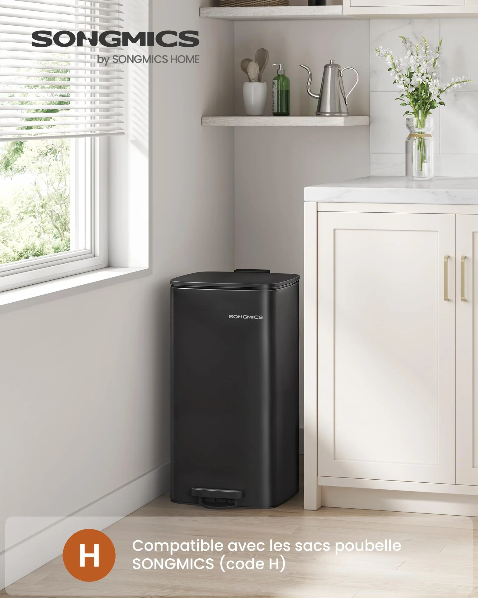 SONGMICS Poubelle de Cuisine 30 L Acier à Pédale LTB593B02 Noir