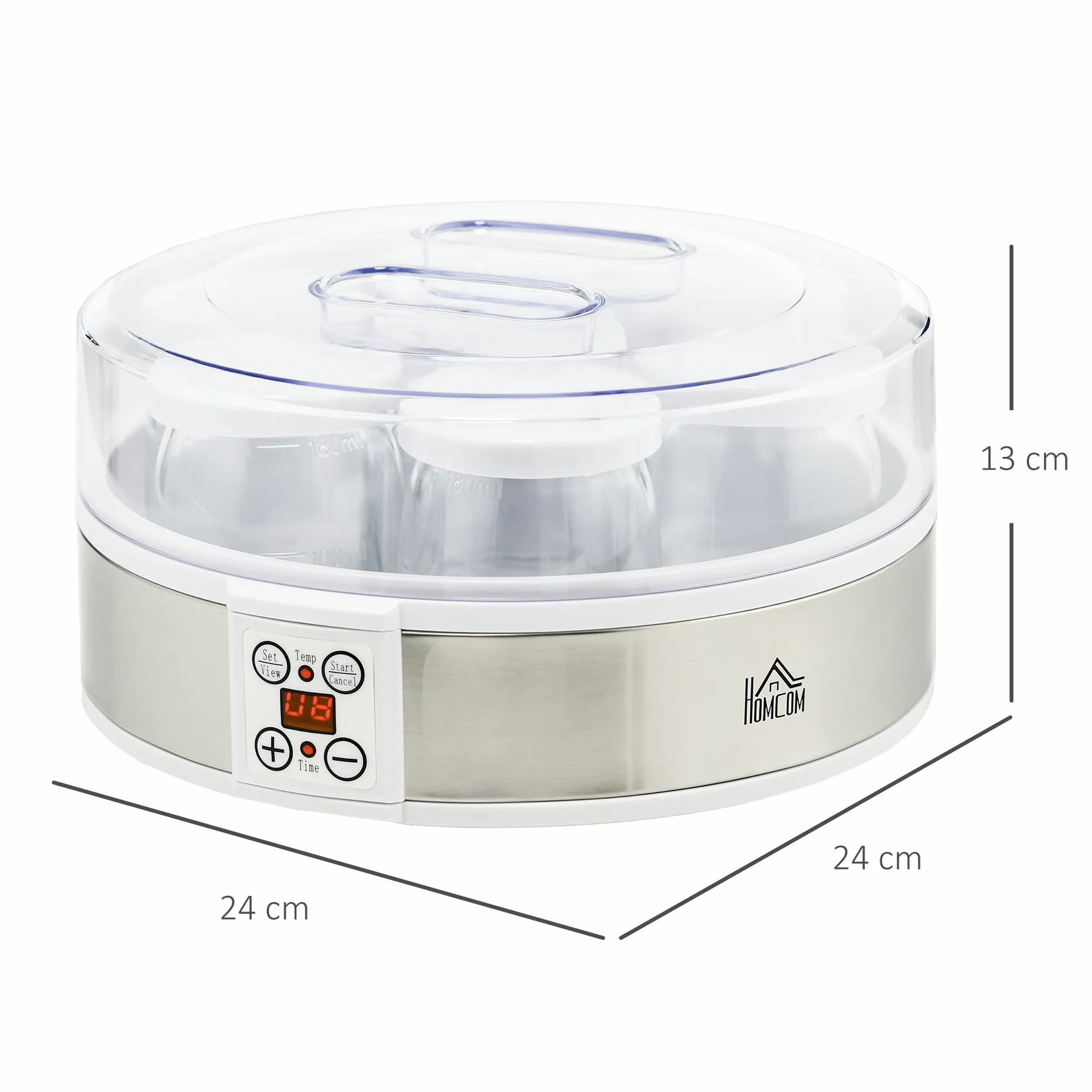 HOMCOM Yaourtière 7 Pots en Verre de 180ml, Machine à Yaourt Électrique en Acier Inoxydable avec Minuterie, Thermostat Réglable et Affichage LED pour Desserts Maison Sains, Blanc