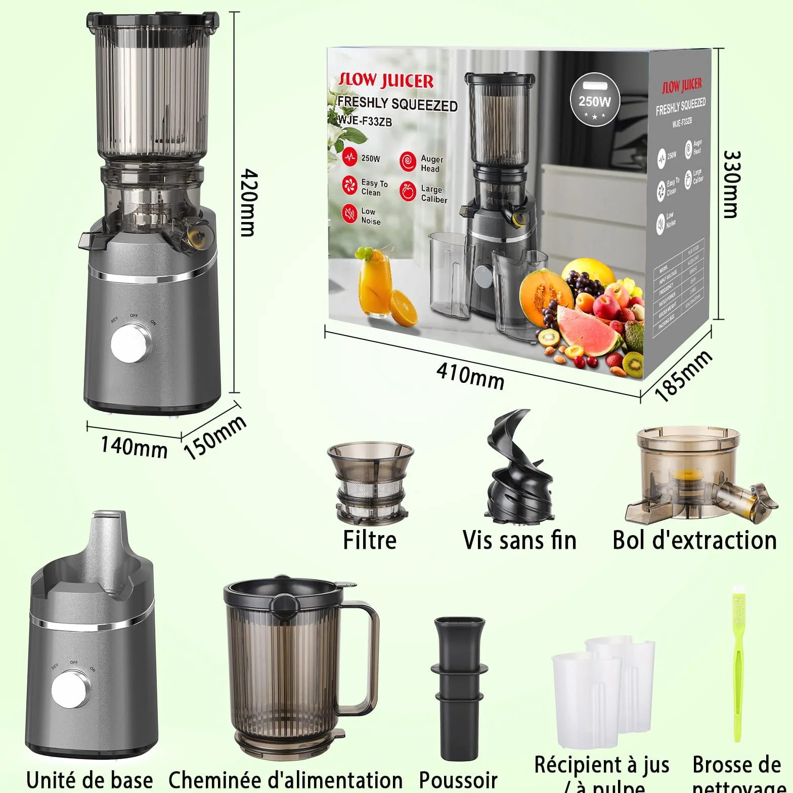 Extracteur de Jus de Fruits et Légumes, Centrifugeuse extracteurs de Jus à Froid, avec Goulotte XXL 130MM et Capacité de 2L, Rendement Élevé de 90%, Inclut Brosse de Nettoyage
