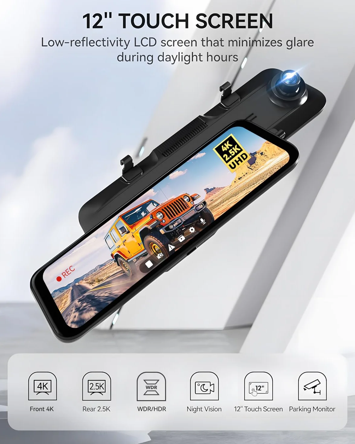 WOLFBOX Dashcam 4K + 2,5K für Rückspiegel: Front- und Rückspiegel Dashcam für Auto mit 12 Zoll Bildschirm, WDR Kamera, Nachtsicht, 64GB Karte und gratis GPS