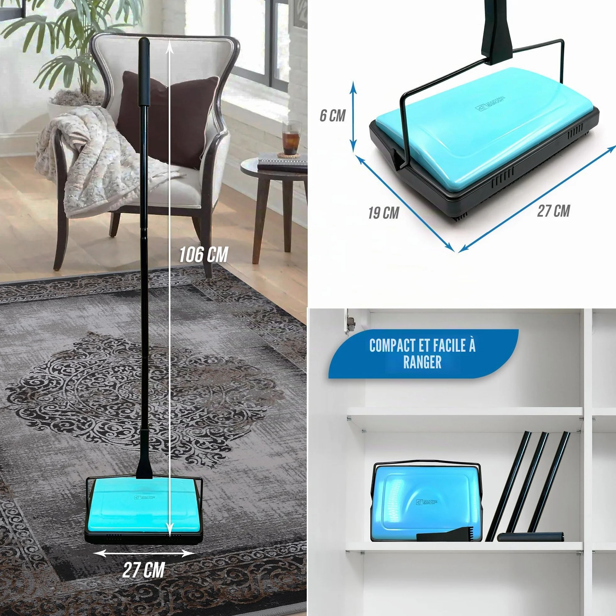 Balayeuse manuelle sans fil pivotante sans fil légère avec brosse en crin de cheval avec peigne de nettoyage – Parfait pour nettoyer les sols durs, les poils d'animaux et les tapis