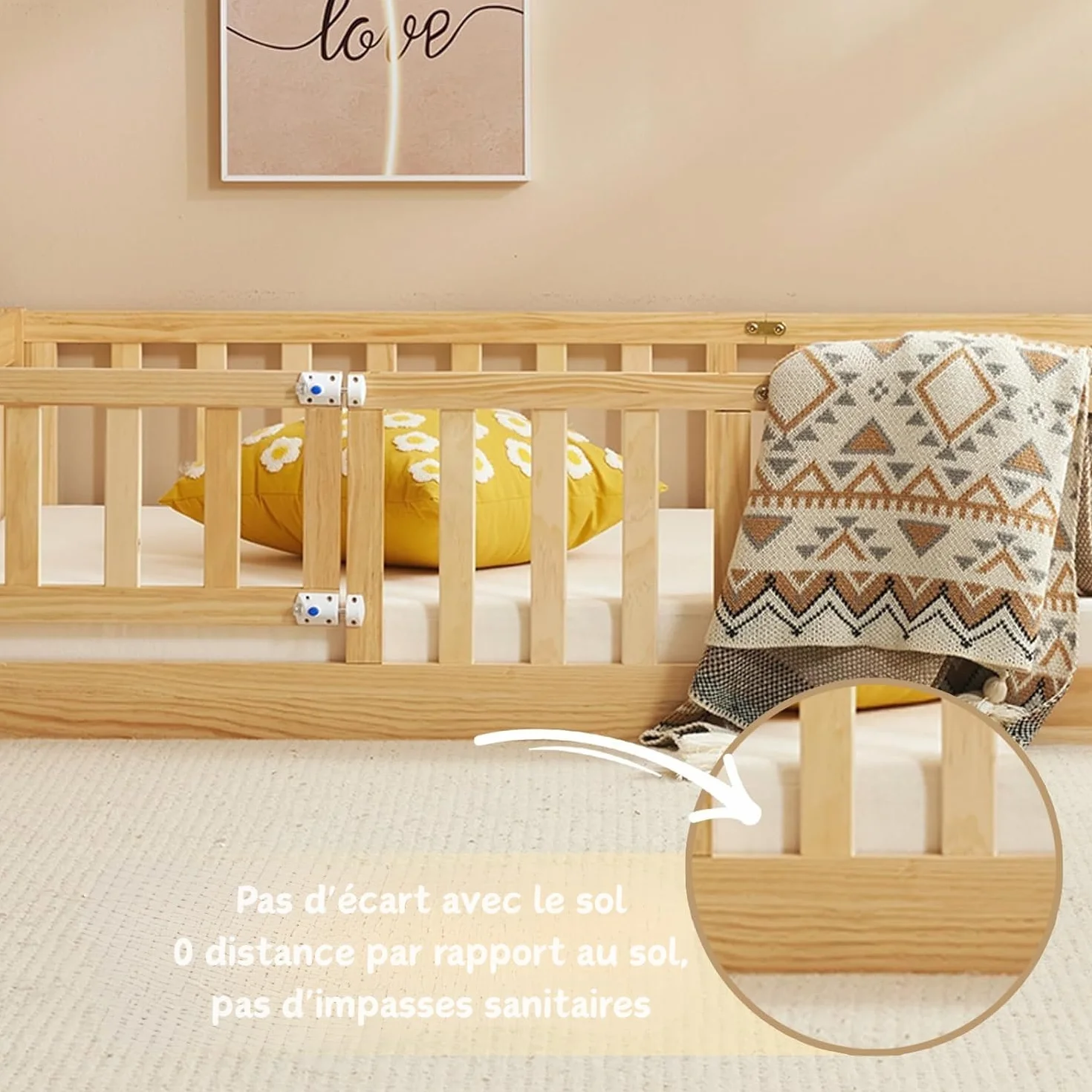 LEADZM Lit Montessori 140x200 cm - Bois Massif avec Porte et Barrière Sécurisée - 12 Lattes Renforcées, Garde-Corps Intégré - pour Enfants et Bébés (Couleur Naturelle)