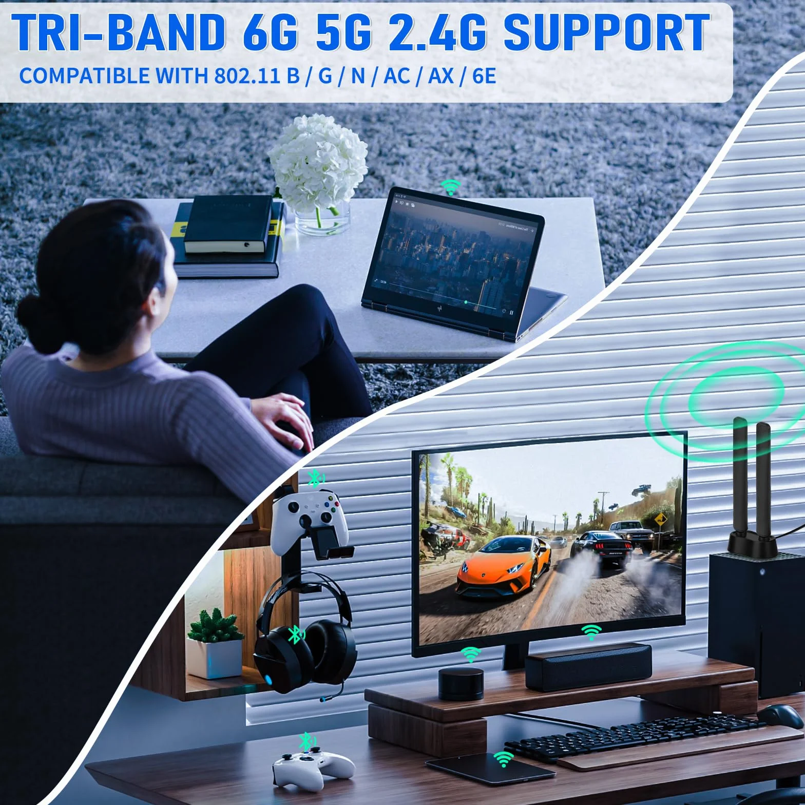 Eightwood Antena WiFi 6E 2,4 g/5 g/5,8 g/6 g wzmacniacz sygnału WLAN trójpasmowa podstawa magnetyczna z przedłużaczem RP-SMA do routera Wi-Fi 5/6/6E PCI PCI-E karty PC płyta główna Bluetooth