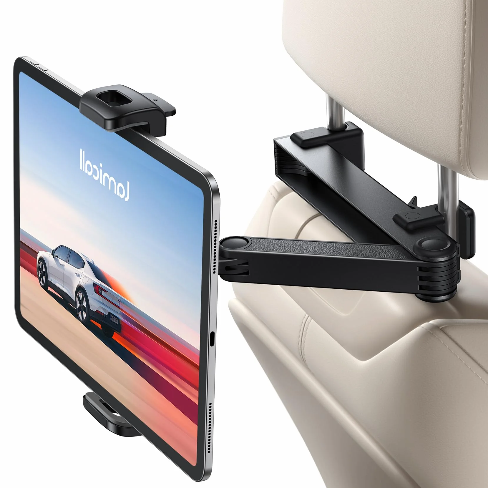 Lamicall uchwyt na tablet na zagłówek samochodowy - [blokada bezpieczeństwa] Rozsuwany uchwyt na tablet na zagłówek samochodowy do iPada, smartfona, Switcha, Samsunga Tab i urządzeń 4,7-13 cali