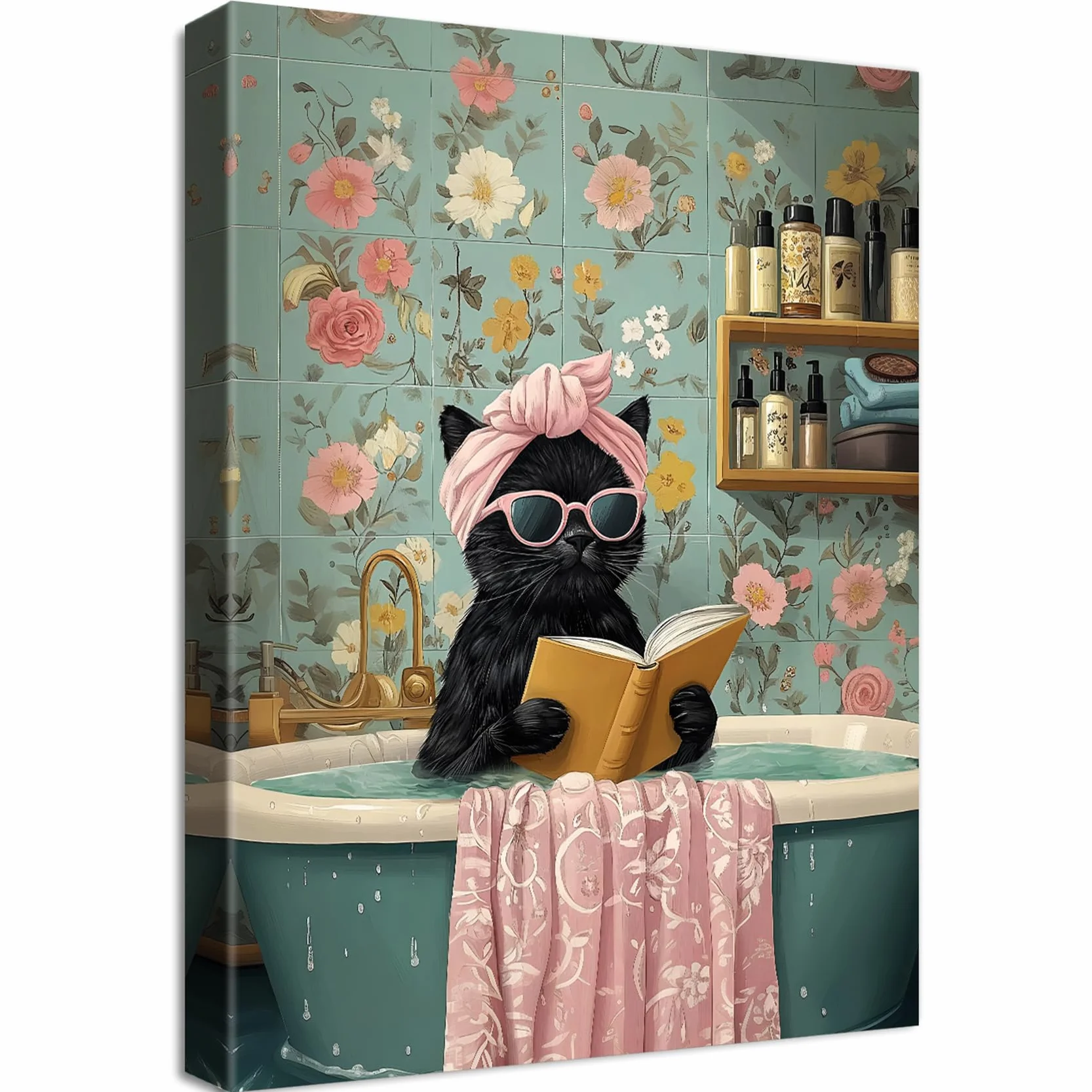 Tableau Decoration Murale Chat Noir Mignon se Baignant Toile Impression Cadre 30x40cm