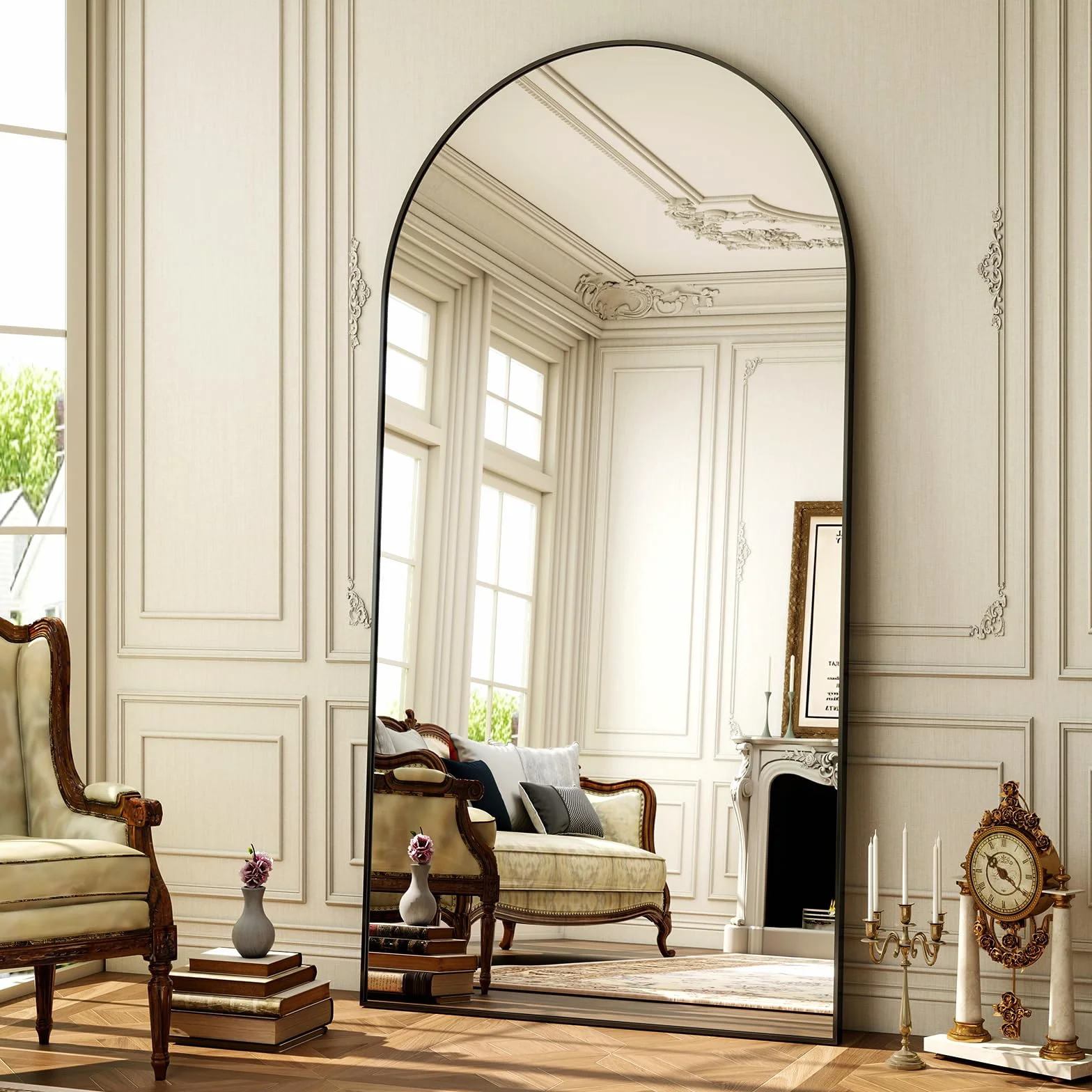 Grand miroir en arc 76 x 171 cm pleine longueur, miroir de sol inclinable, noir