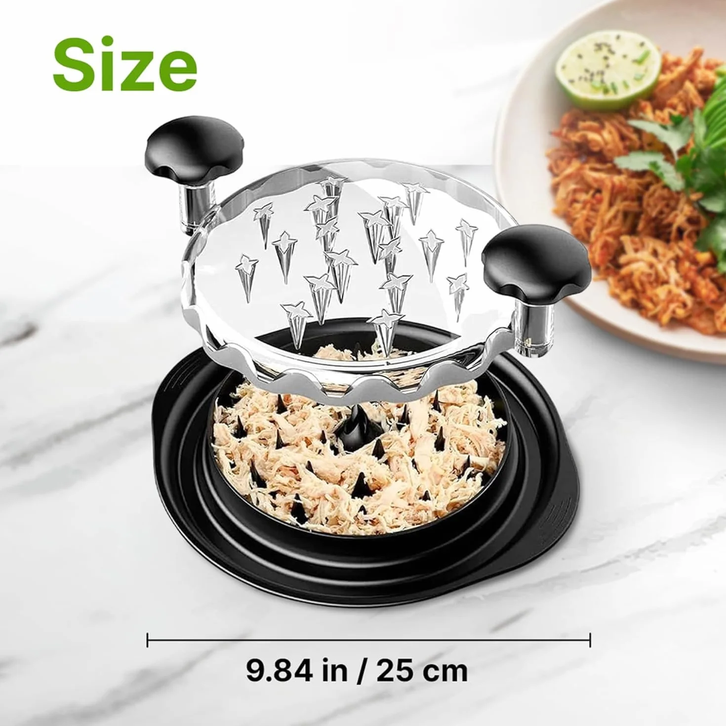 Broyeur de poulet outil déchiquetage viande poignées sans BPA antidérapant couvercle transparent 25 cm noir