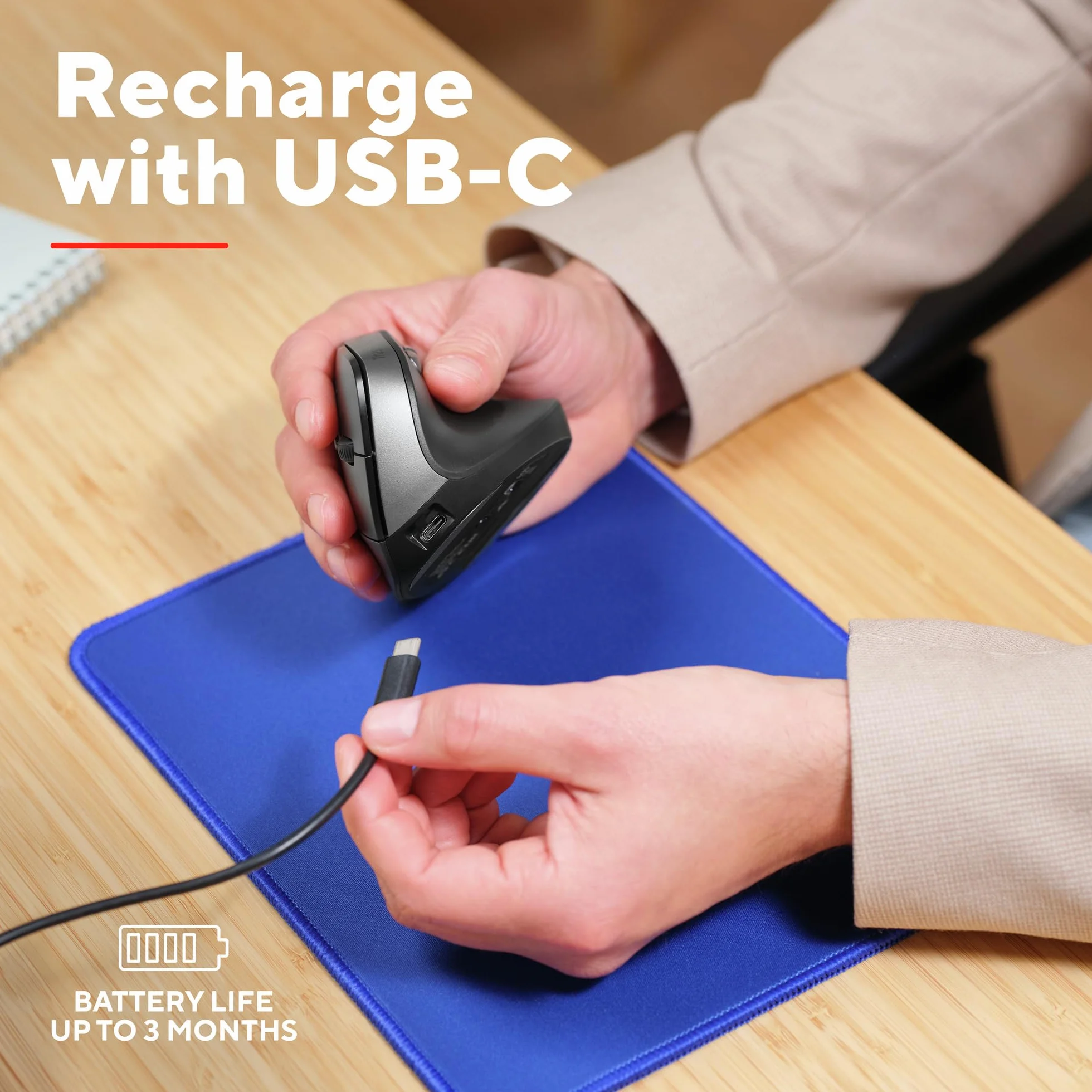 Trust Yuno Ergonomiczna Mysz Bezprzewodowa z Akumulatorem, Myszka Pionowa z Odbiornikiem USB 2.4GHz, Regulowane DPI 800-2400, Sensor Optyczny, 6 Przycisków, 70% Plastiku z Recyklingu - Czarny
