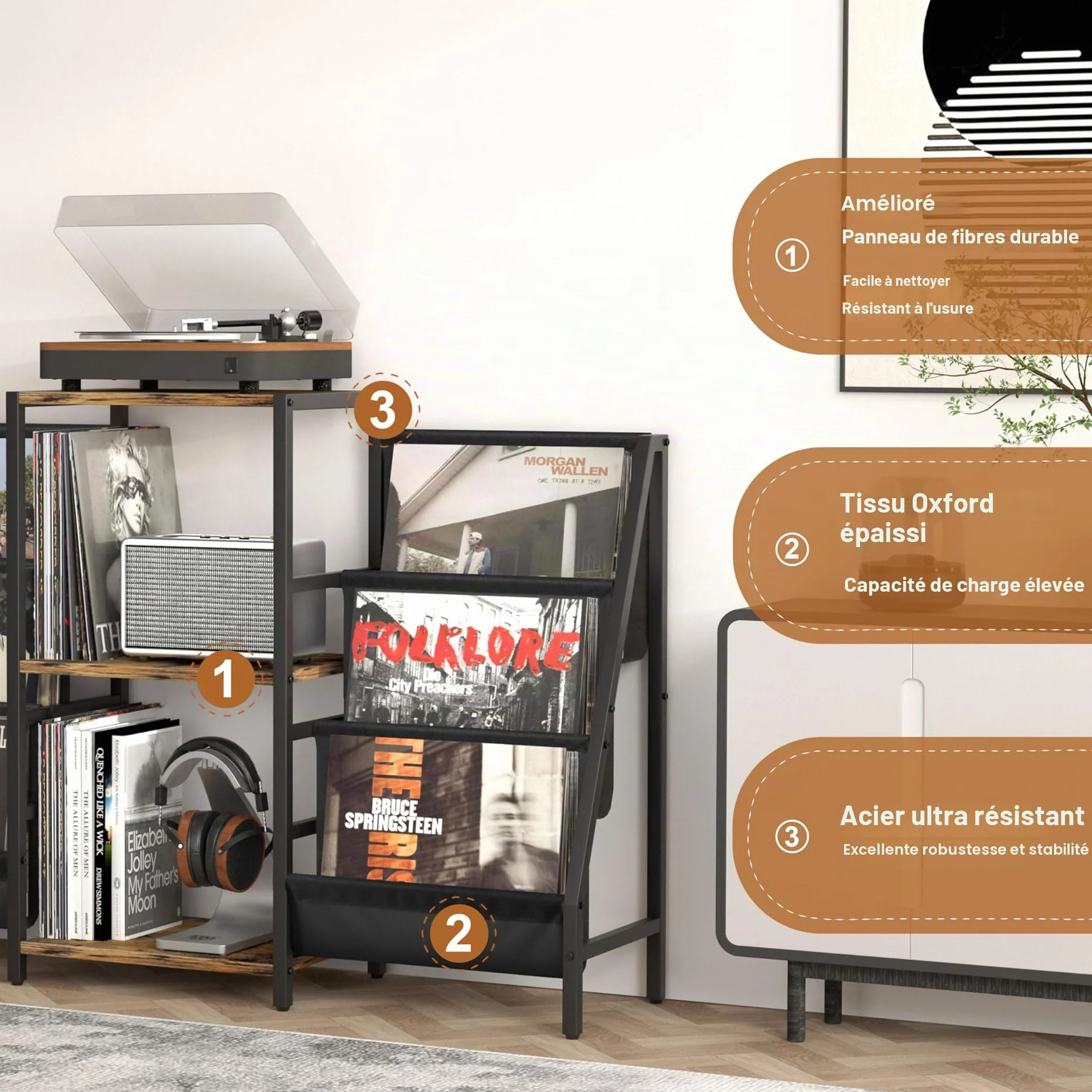 Bikoney Meuble Platine Vinyle avec Rangement pour 280 Albums, Support de Tourne-Disque avec Étagères de Stockage, Table pour Lecteur Vinyle et Système Stéréo, Style Rétro pour Salon