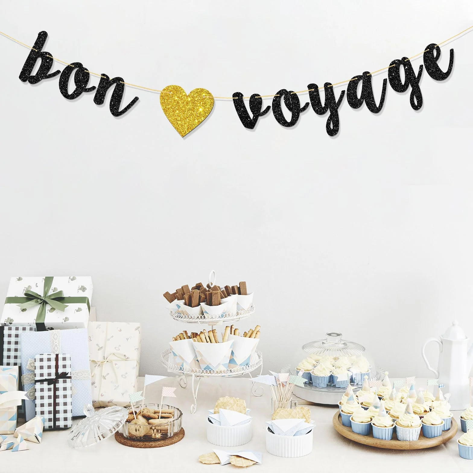 Bannière Bon Voyage – Banderole de fanions de fête thème voyage – The Adventure Begin – Décorations adieu – Paillettes noires