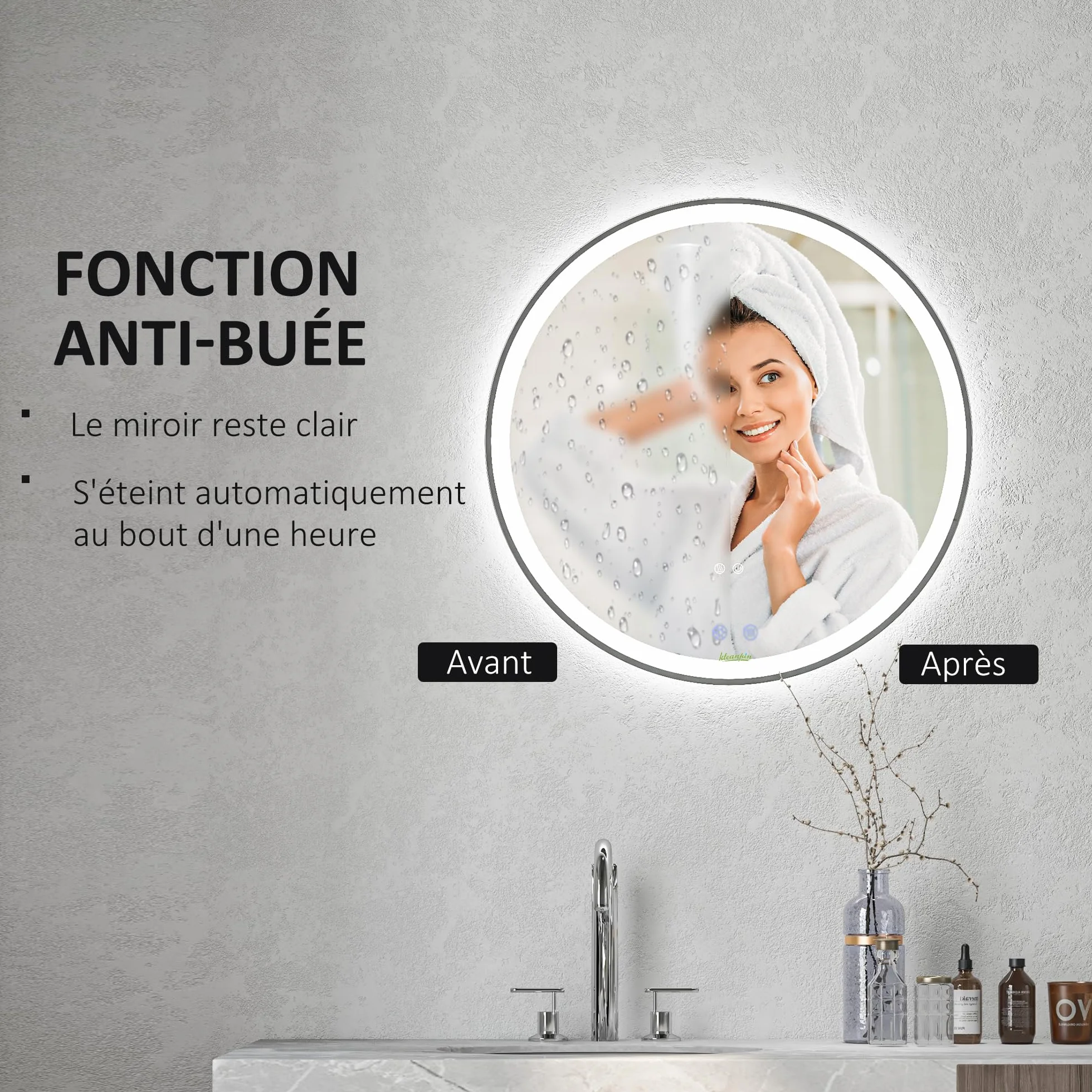 kleankin Miroir Salle de Bain avec éclairage Ø 70 cm Miroir Rond Lumineux 3 Couleurs Interrupteur Tactile système antibuée 23W Blanc Argent