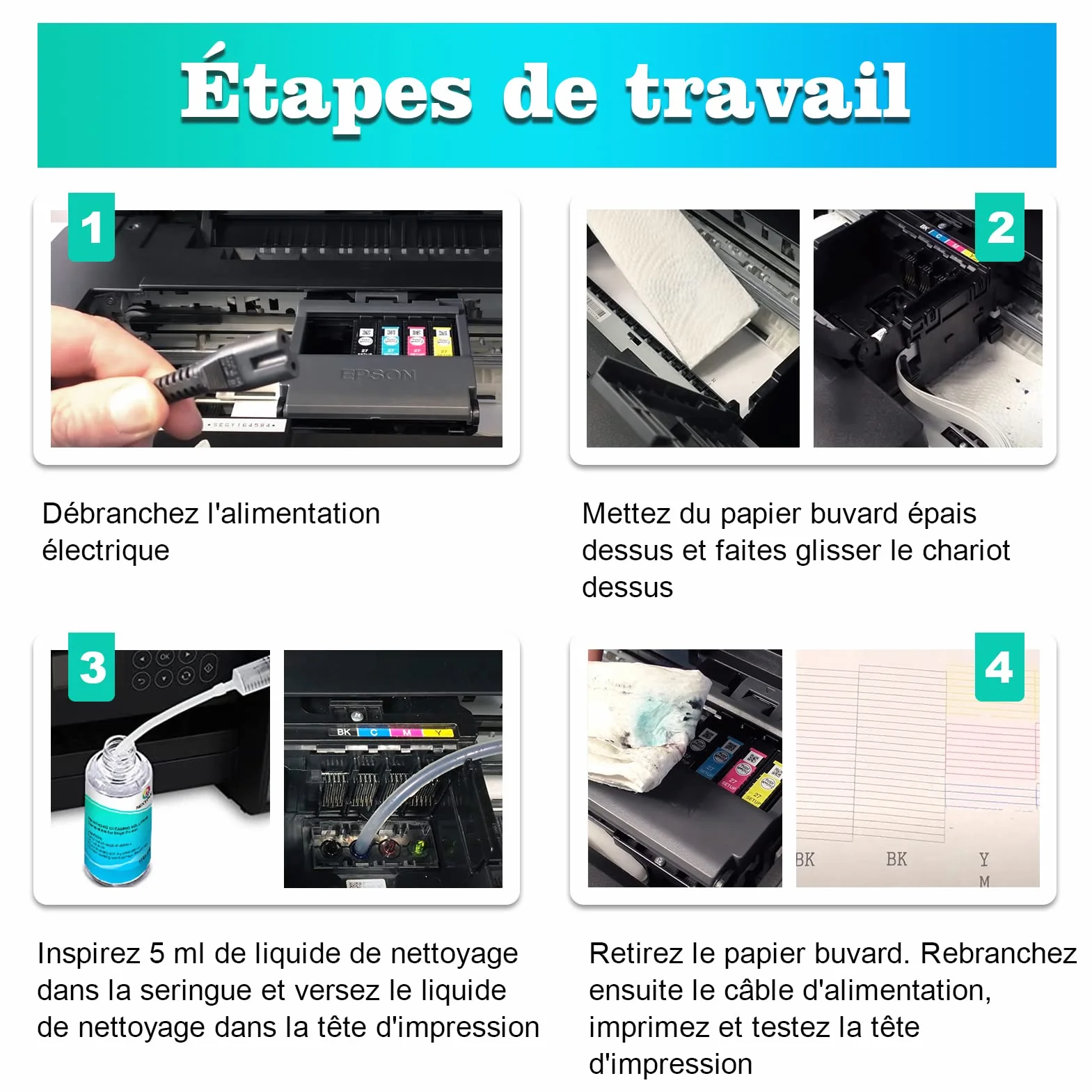 Liquide de nettoyage pour tête d'impression 100 ml Epson HP Canon Brother