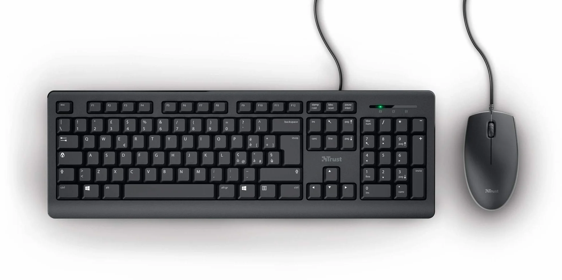 Trust Taro klawiatura i mysz USB, przewodowa, włoski układ QWERTY, do komputerów stacjonarnych/laptopów/notebooków Mac/Windows, kabel 1,8 m, odporna na działanie płynów klawiatury, ergonomiczna,