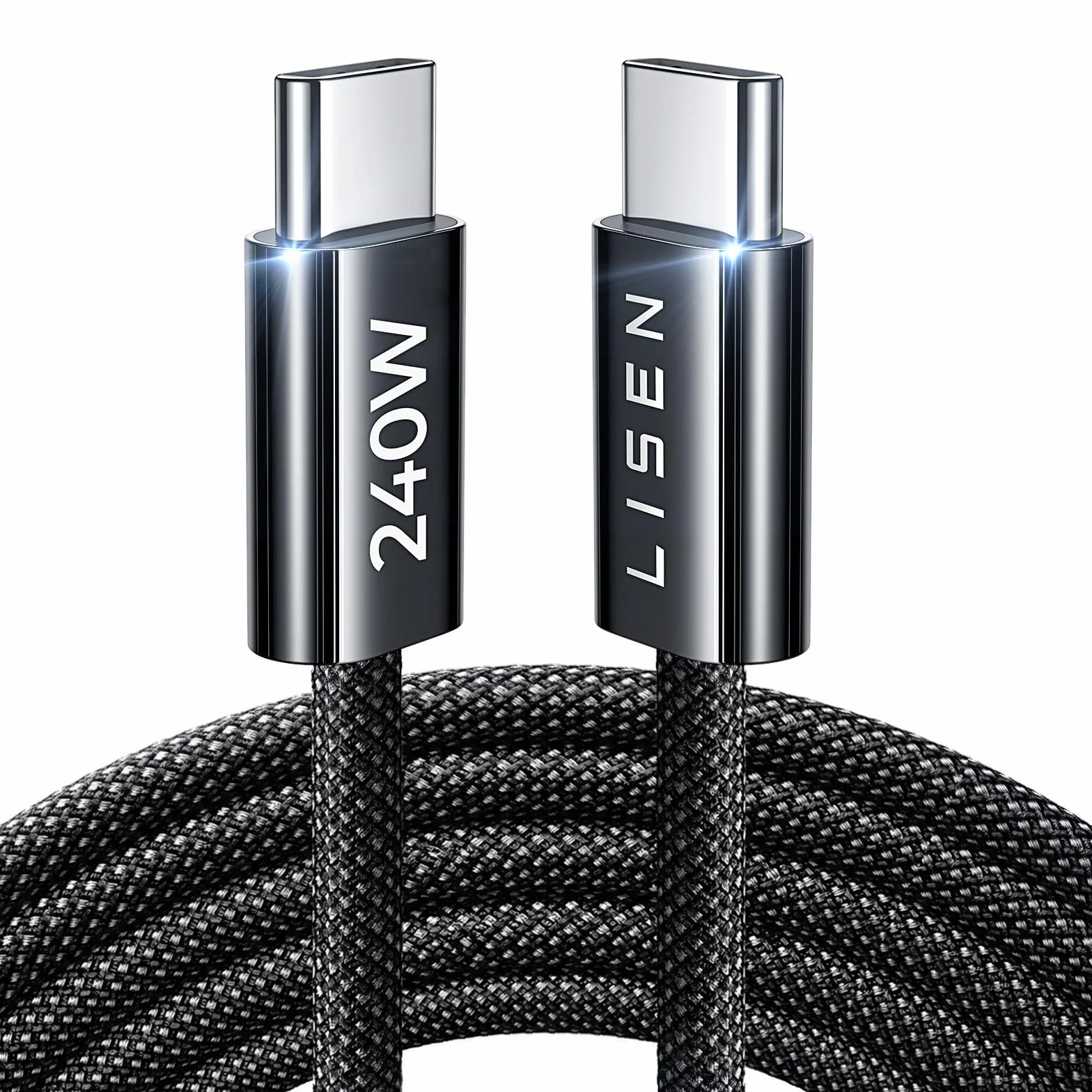 LISEN 240W USB C Cable 2m PD 5A Nylon Tressé Noir pour iPhone 16 Samsung S25 Ultra iPad Air MacBook Pro Google Pixel 9 Xiaomi