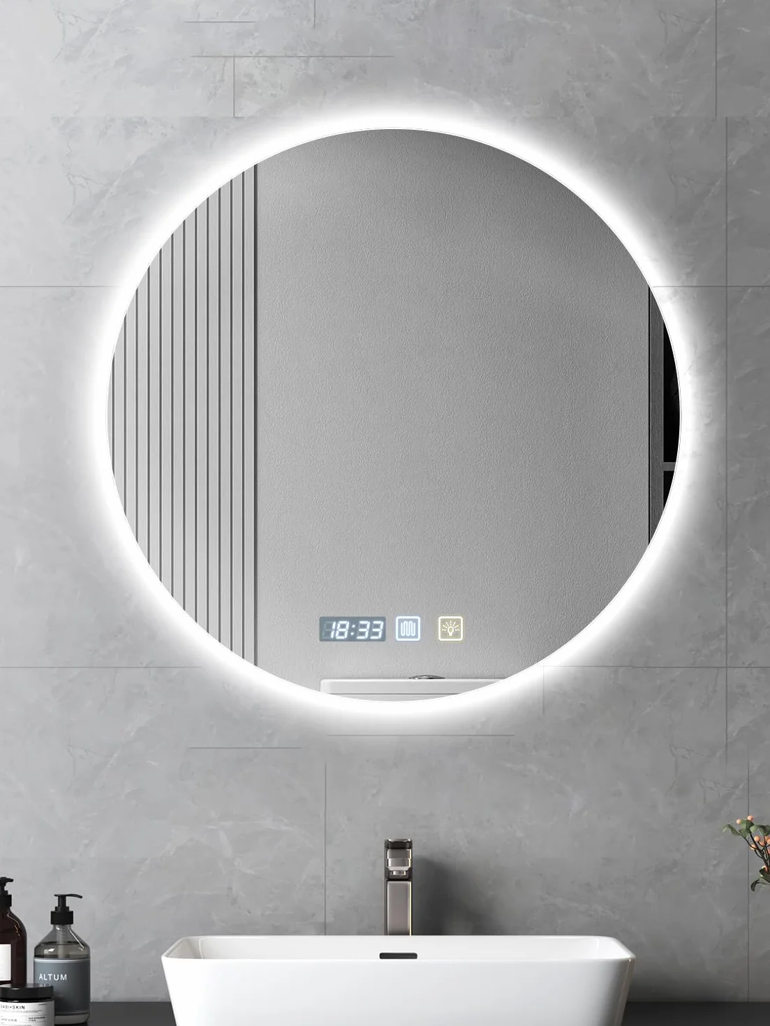 Miroir de salle de bain rond à LED, 60 x 60 cm, mural, antibuée, lumière variable en 3 couleurs, miroir antibuée avec lumières rétroéclairées, pour salle de bain
