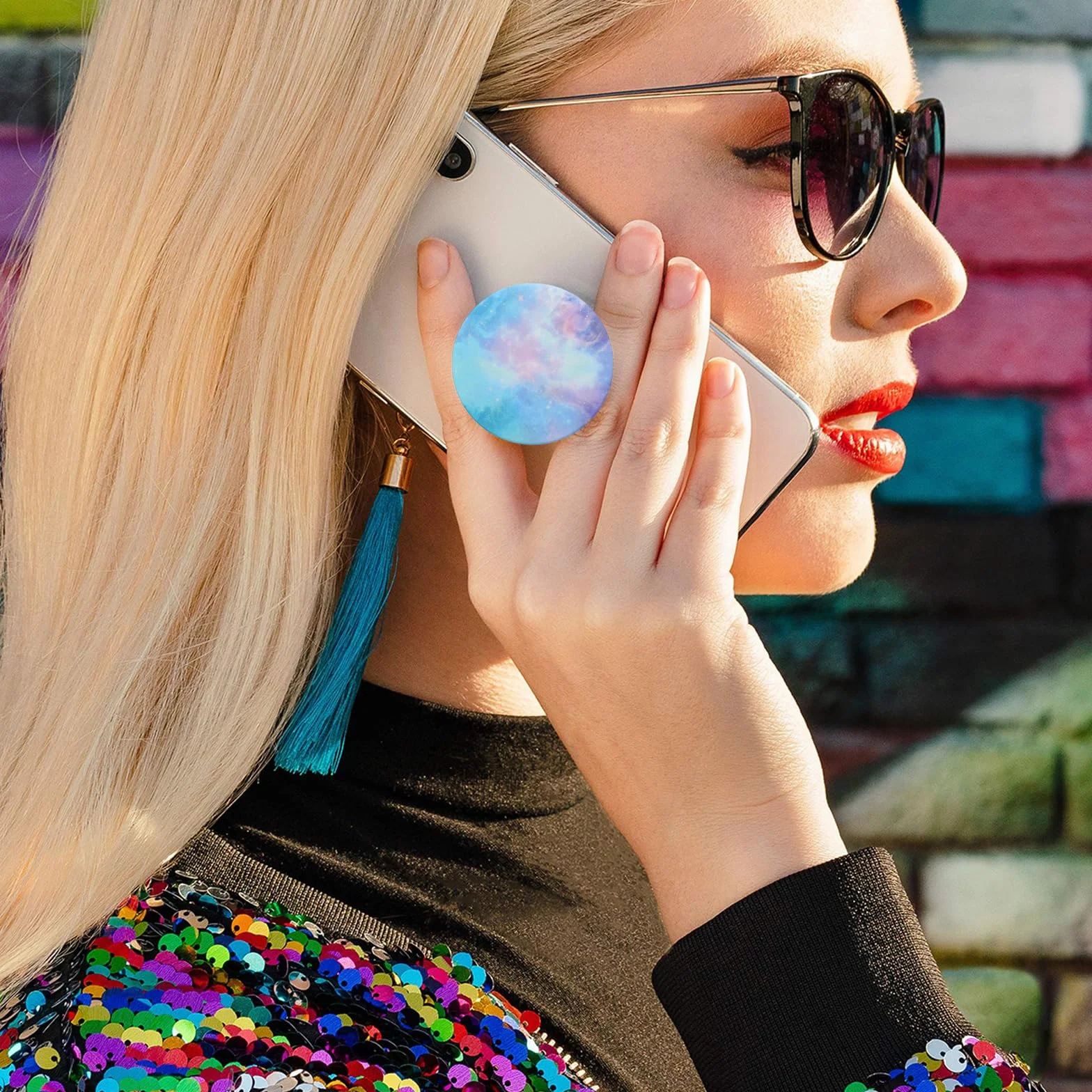 Uchwyt na telefon komórkowy, uchwyt premium, obrót o 360°, bezpieczny chwyt, codzienny komfort dla smartfonów i tabletów, składany i chowany (mgła jasnoniebieska)
