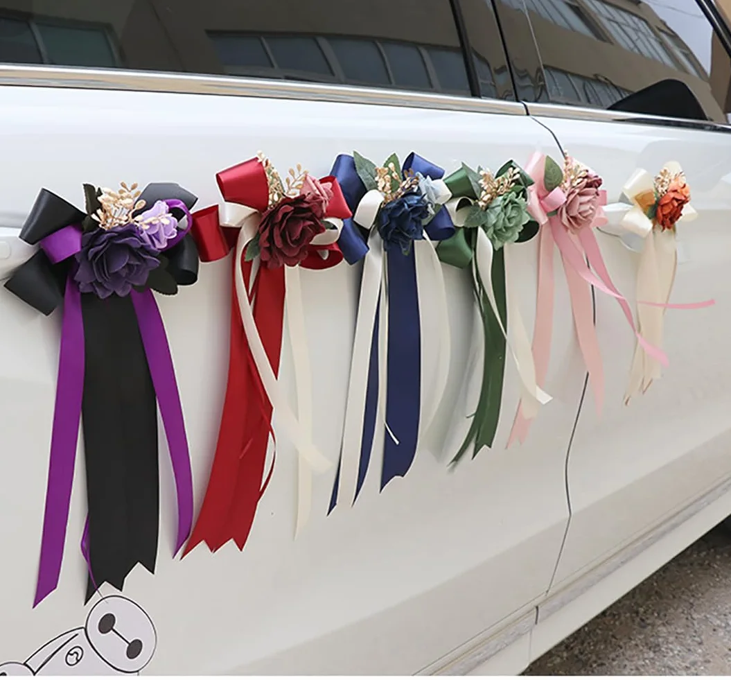 Lot de 4 Nœuds de Voiture en Soie Simulation Rose pour Mariage Décoration Poignée de Porte Rétroviseur