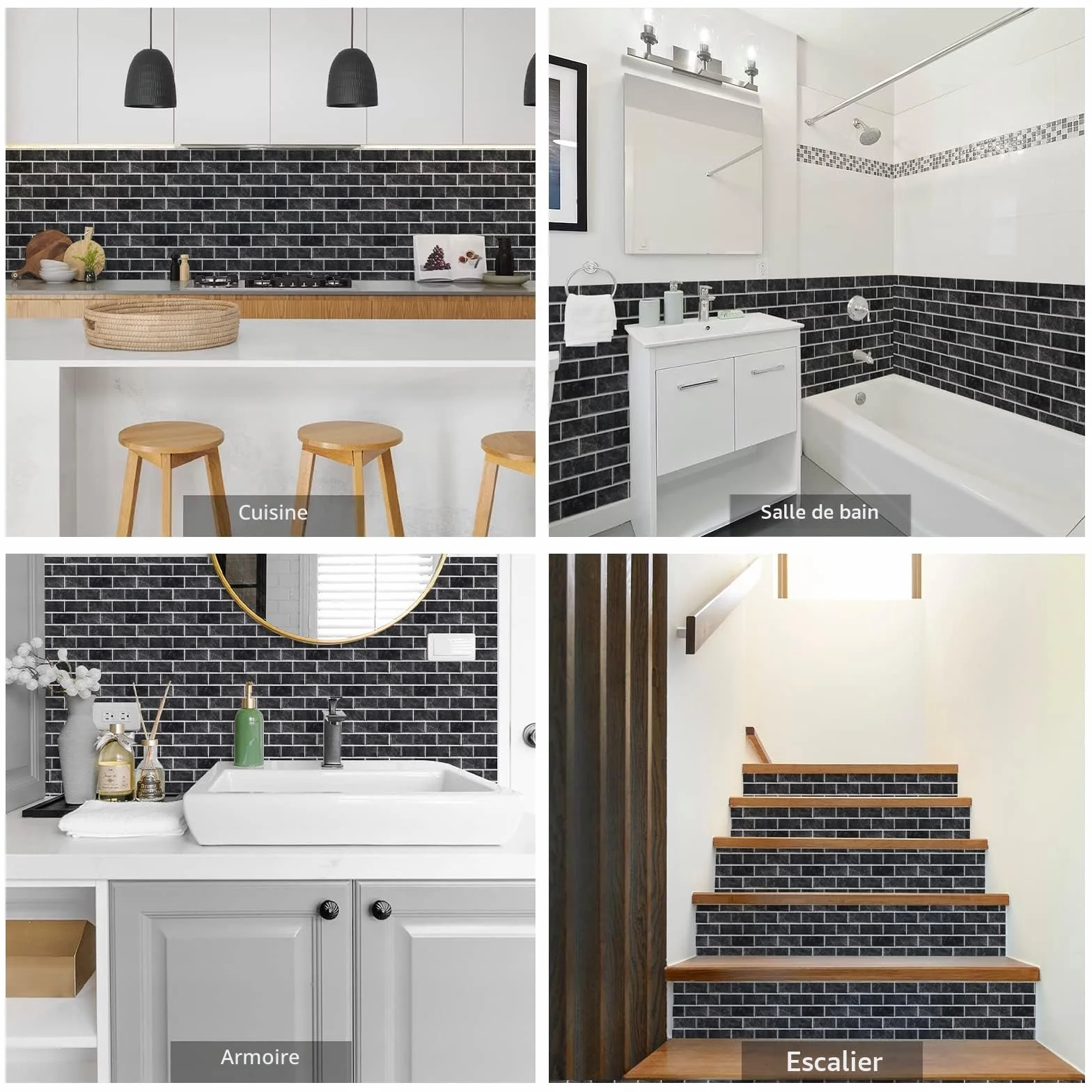 Fantasnight Stickers Adhésive Carrelage Noir 12 pièces Imperméables 30 x 15 cm pour Salle de Bains Cuisine