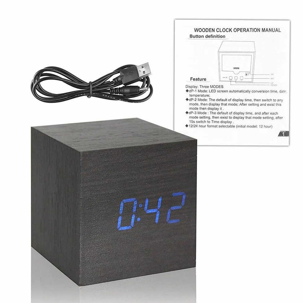 Onerbuy Horloge de Voyage Portable avec écran LCD - Réveil Numérique en Bois Cube Tactile Sonore