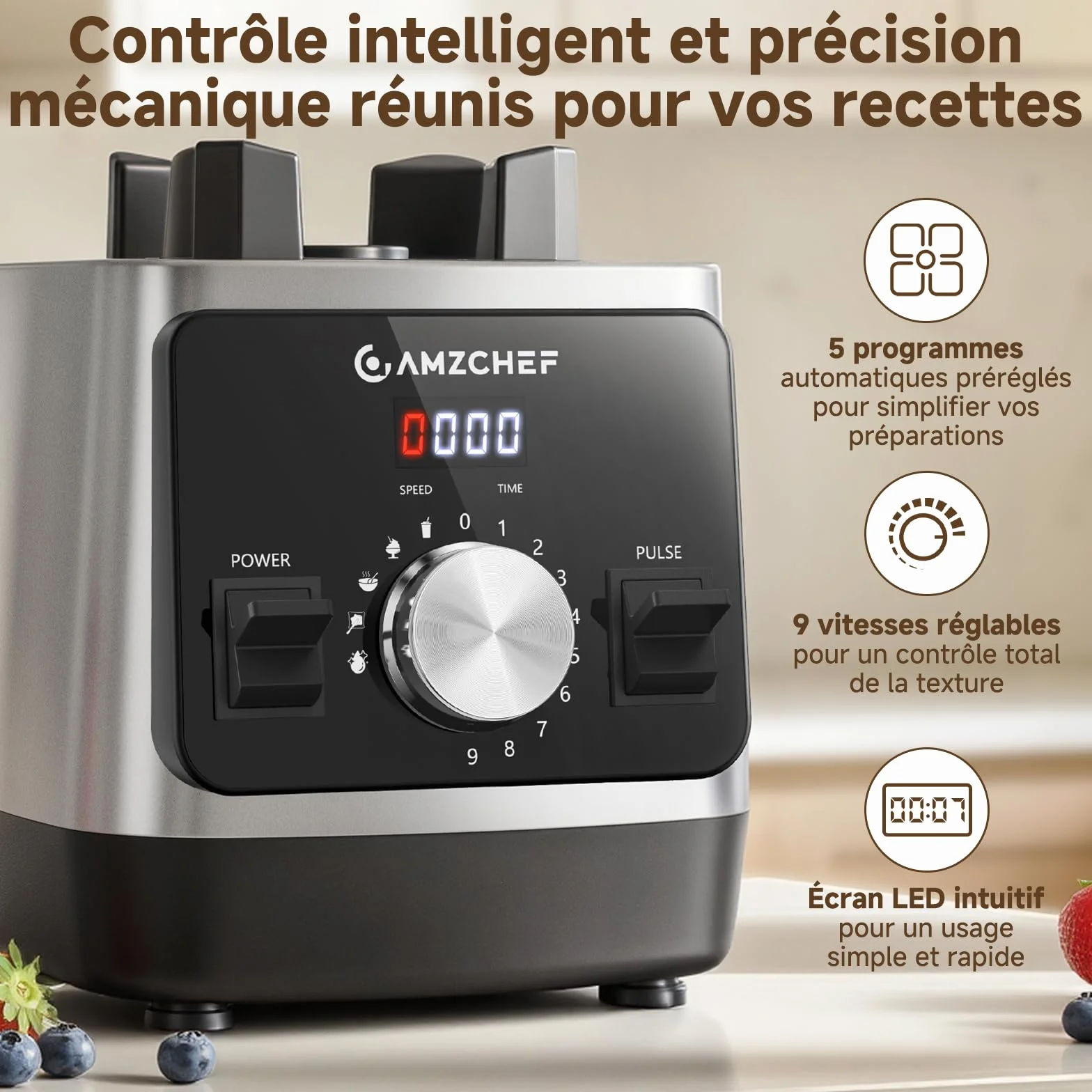 AMZCHEF Blender Électrique 1800W, Mixeur Haute Performance avec Bol 2L Tritan Sans BPA, 6 Lames en Acier Inoxydable Revêtement Titane, Smoothies, Glace Pilée, Shakes, Nettoyage Facile, Noir/Argent