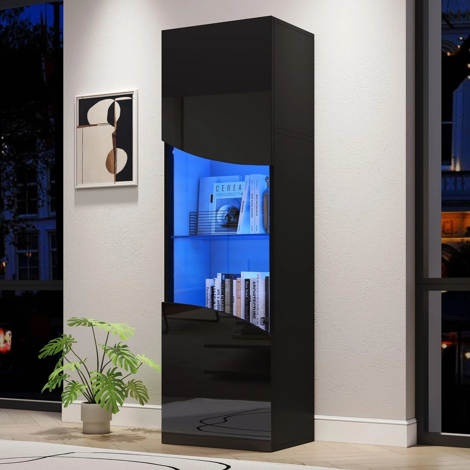 KOMHTOM Armoire Vitrine LED 35x50x165cm, Meuble Exposition Mural avec Éclairage USB, Design Contemporain pour Salon Bureau, Panneau Particules Noir Haut-Brillant(35x50x165cm)