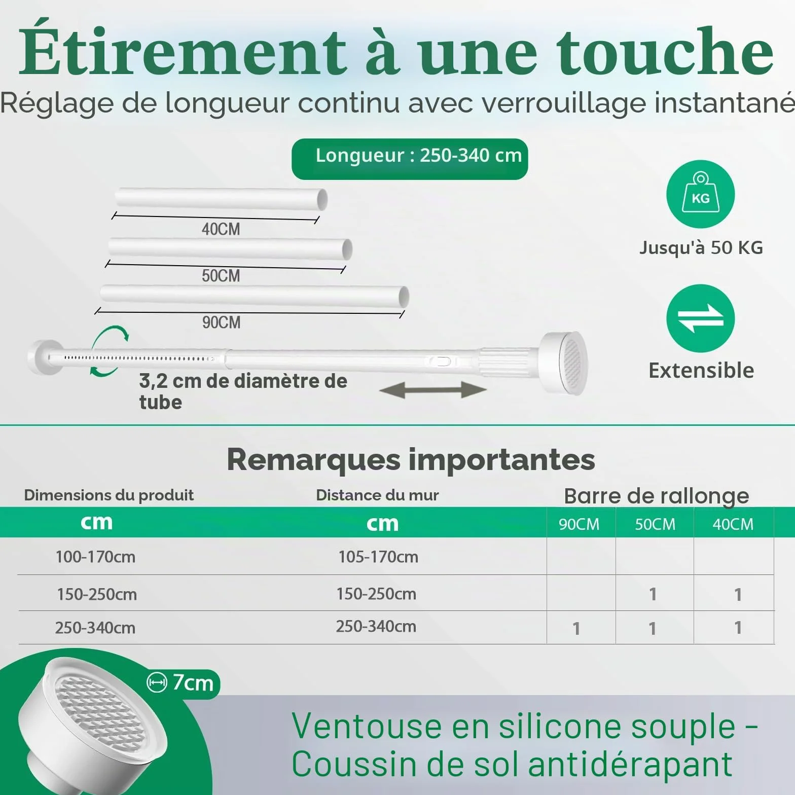 Barre Extensible sans Perçage Rideau 250-340 cm Ø 32 mm Blanc