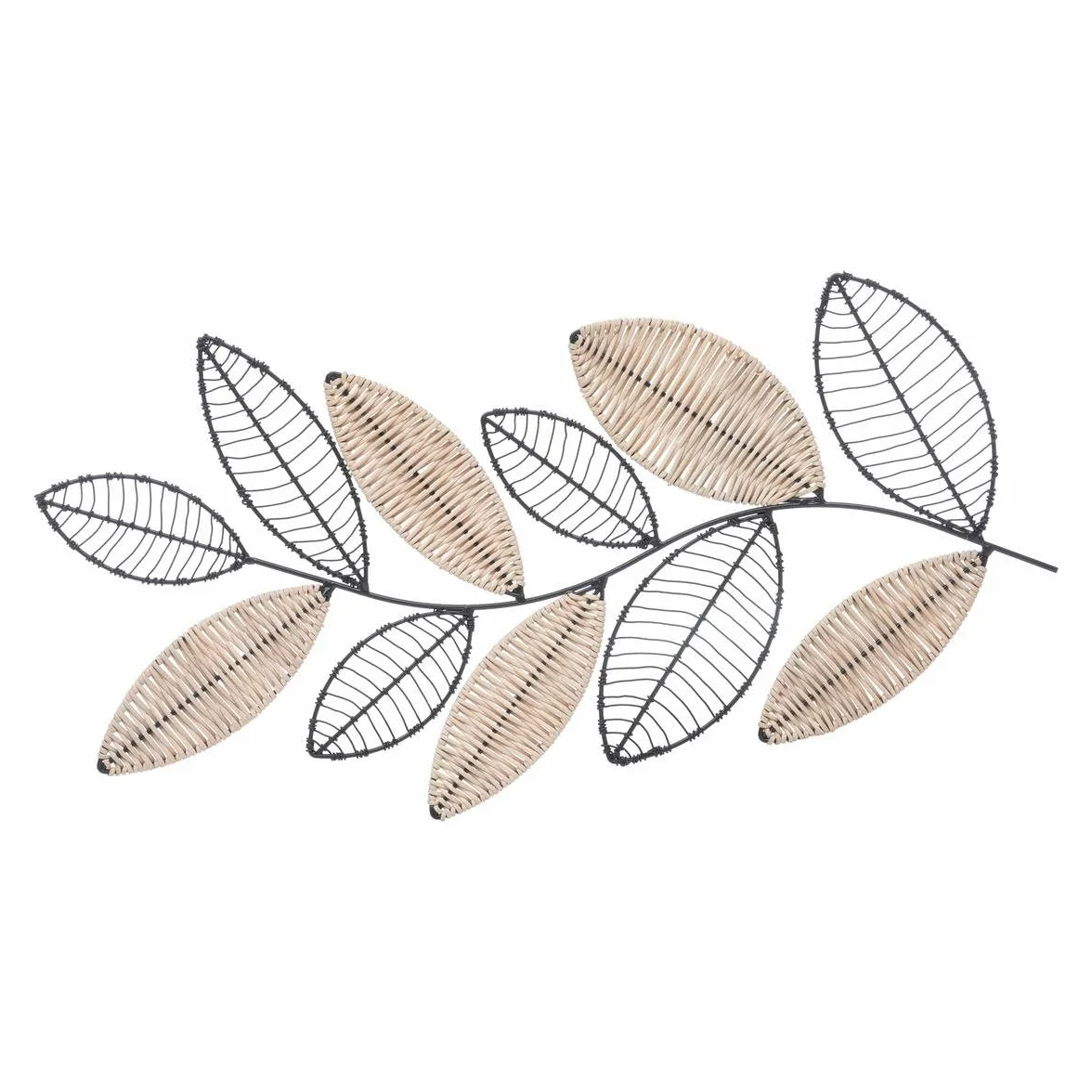 Atmosphera Décoration Murale Feuille Aurore Noir et Naturel 56 x 29 cm Métal Rotin Tressé