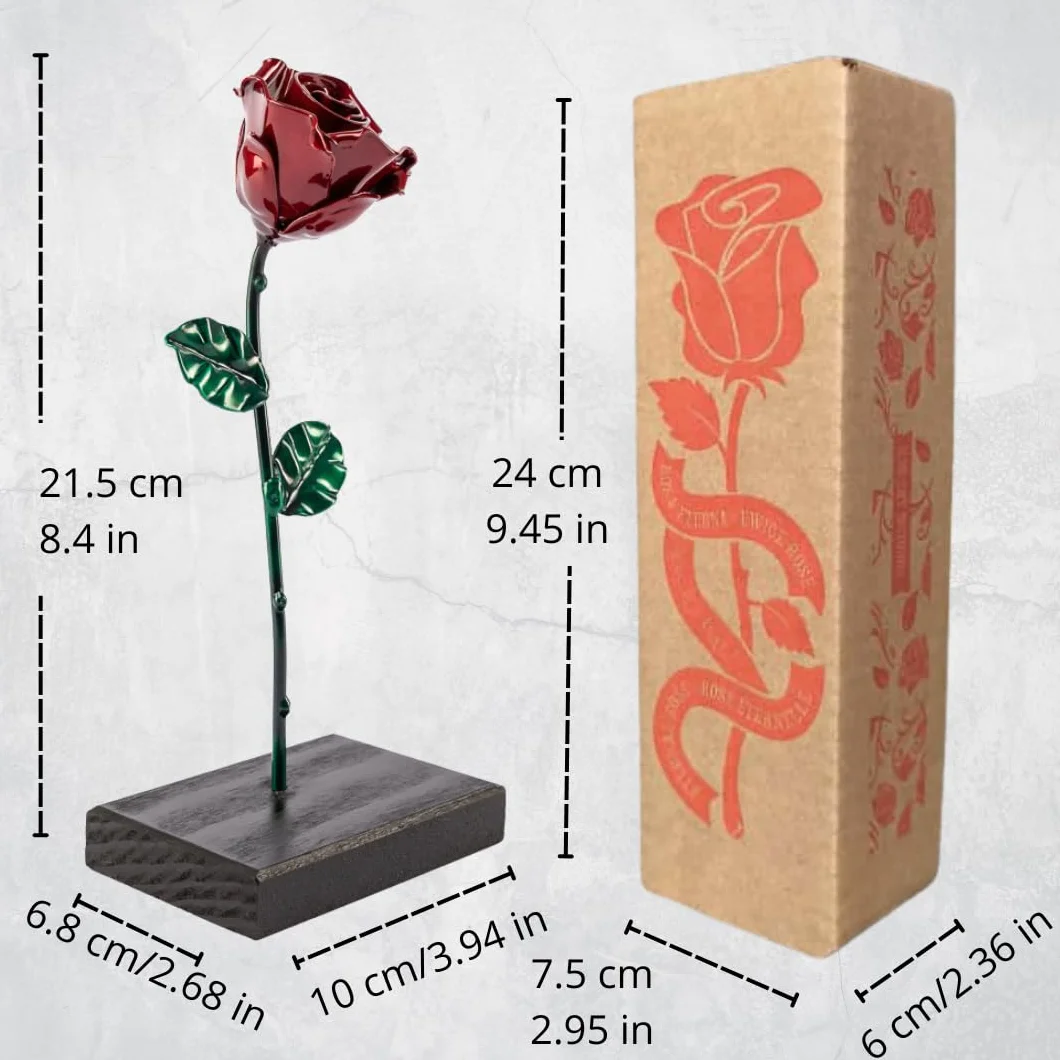 Forging Art Bcn® Rose Éternelle en Fer Forgé à la Main avec Piédestal - Cadeau de Saint-Valentin, Fête des mères, Anniversaire de Mariage, Noces de Fer (Rouge/Vert avec Socle)