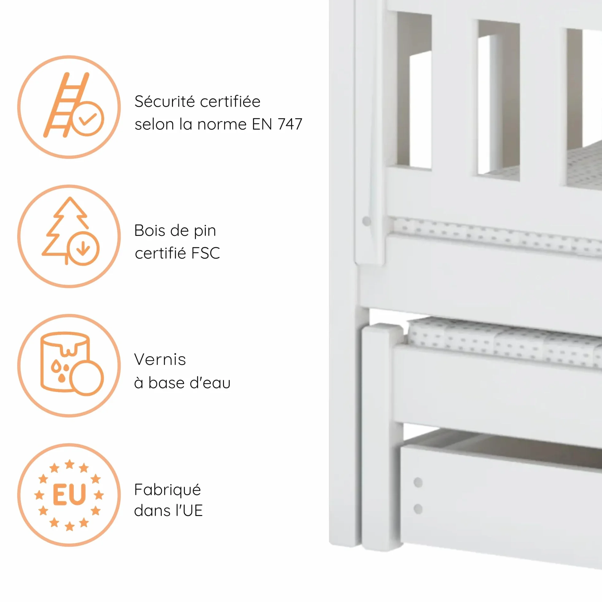 Kids Collective Lit superposé 90x200 pour Enfants et Adolescents – 3 couchages avec barrière de sécurité et tiroirs, Convertible en 3 Lits Simples | de 4 à 16 Ans | sommiers Inclus | Blanc