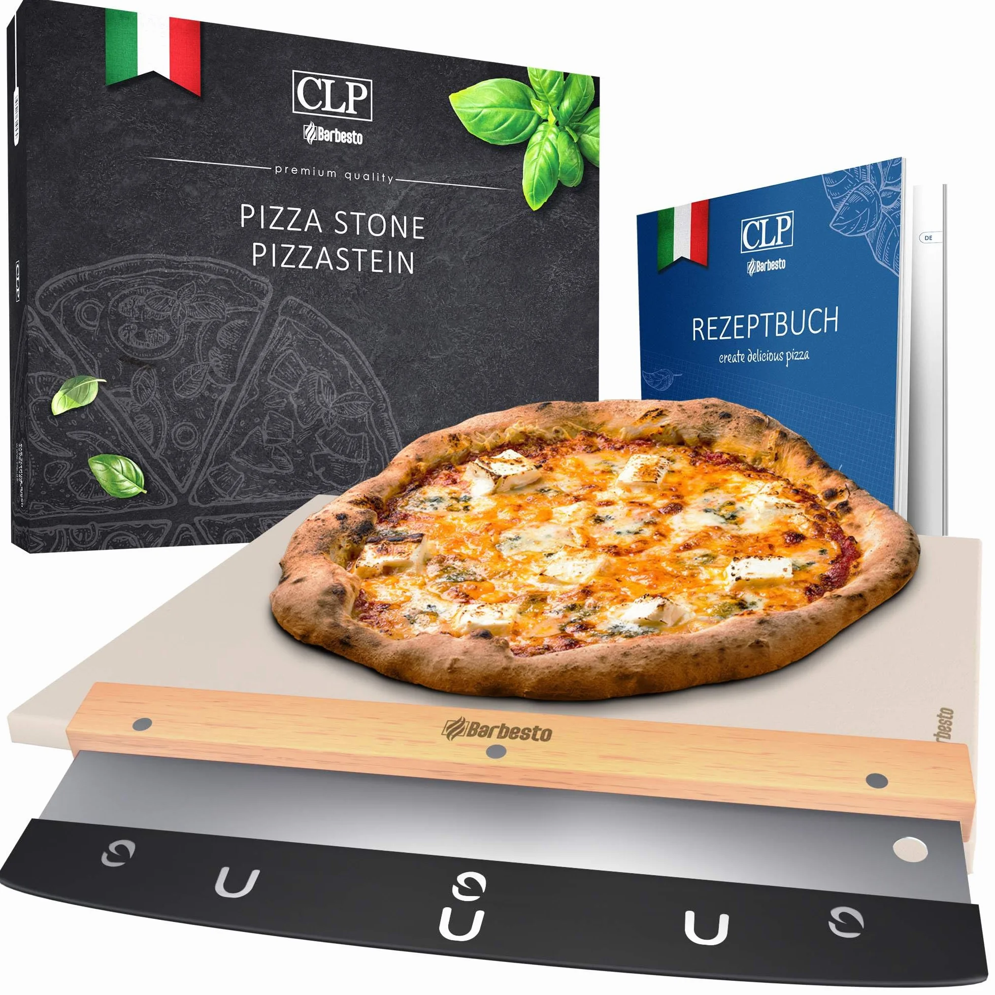 CLP Pierre À Pizza en Cordiérite avec Livre De Recettes I pour Four, Grill 38x30 CM I Seule Ou en Set avec Pelle À Pizza Et Coupeur, Contenu du Set:Pierre à Pizza+découpeur