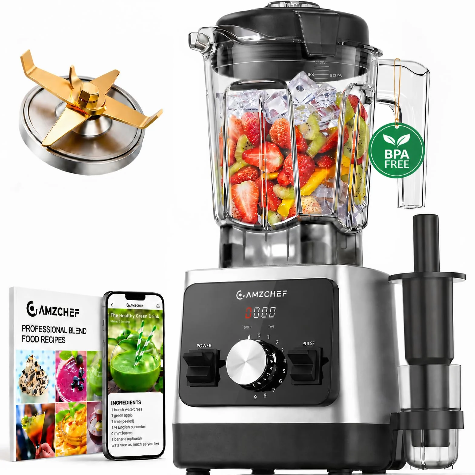 AMZCHEF Blender Électrique 1800W, Mixeur Haute Performance avec Bol 2L Tritan Sans BPA, 6 Lames en Acier Inoxydable Revêtement Titane, Smoothies, Glace Pilée, Shakes, Nettoyage Facile, Noir/Argent