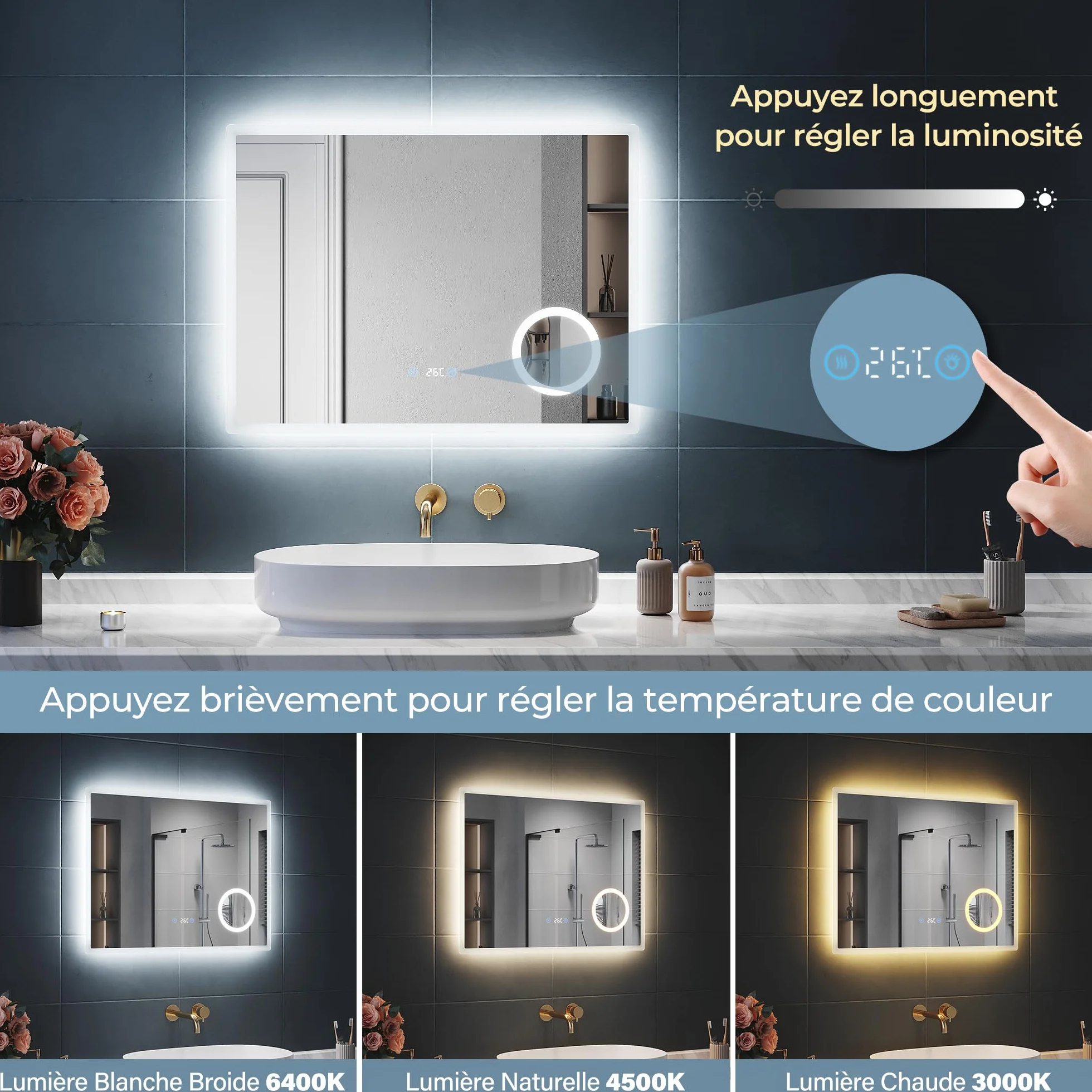 SIRHONA Miroir de Salle de Bain avec Éclairage, Affichage Numérique Écran LED, Miroir avec Une Loupe 3X, Anti-buée, 3 Températures de Couleur, Dimmable, Fonction Mémoire, 80x60cm