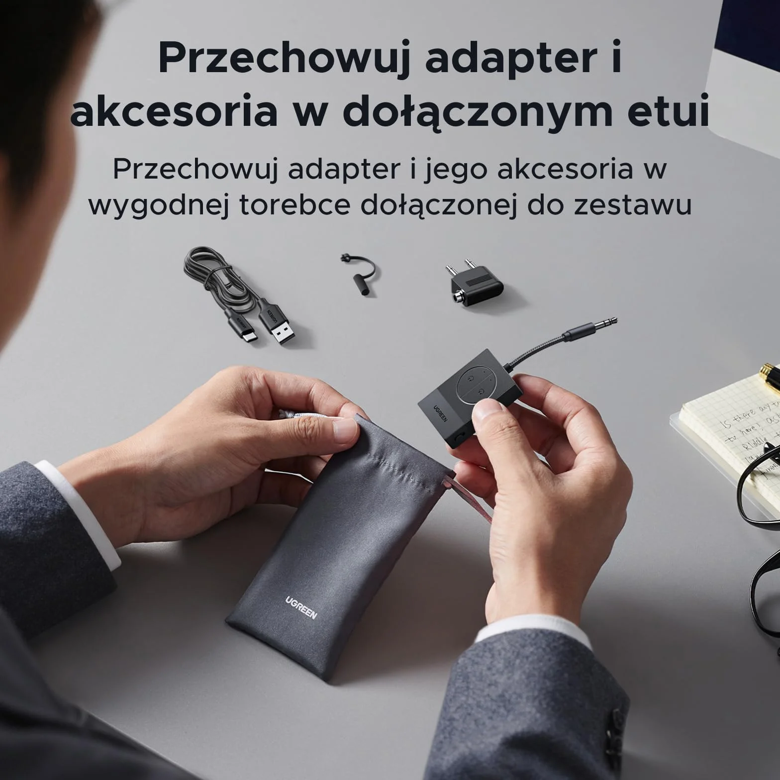 UGREEN Adapter Bluetooth do samolotu, nadajnik Bluetooth 5.4 do 2 AirPodsów lub słuchawek, czas pracy baterii 19 godzin, gniazdo Bluetooth AUX 3,5 mm, kompatybilny z samolotem, telewizorem i siłownią
