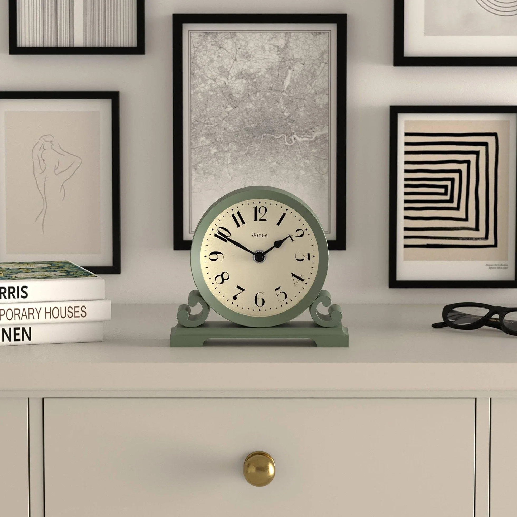 JONES CLOCKS Saloon Horloge de cheminée Petit Design Traditionnel à Double Volute Vert Style Classique Contemporain