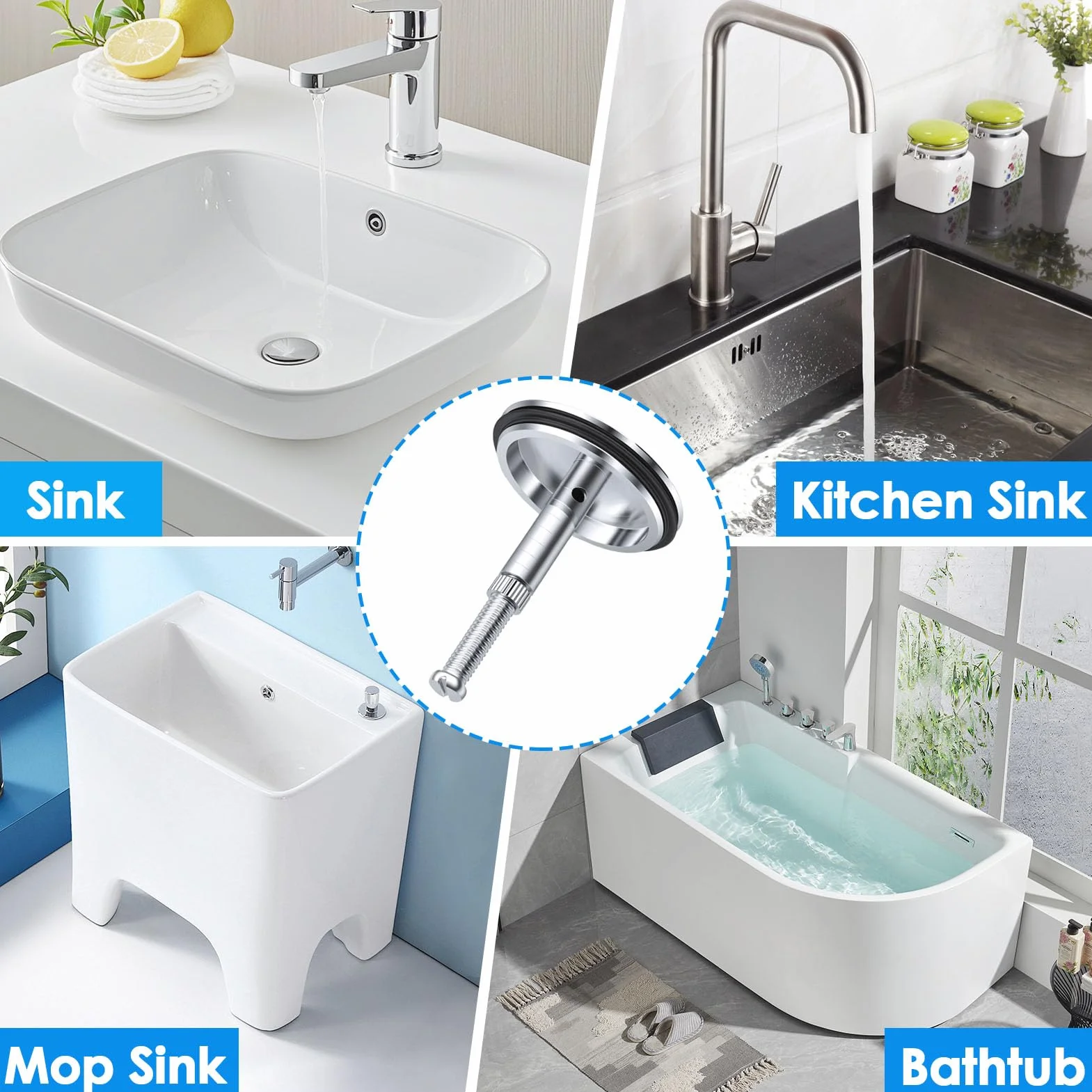 Bouchon Baignoire 43mm Double Joint d'Étanchéité Chromé Laiton pour Éviers Lavabos Standard Montage sans Outil Hauteur Réglable 45-70mm